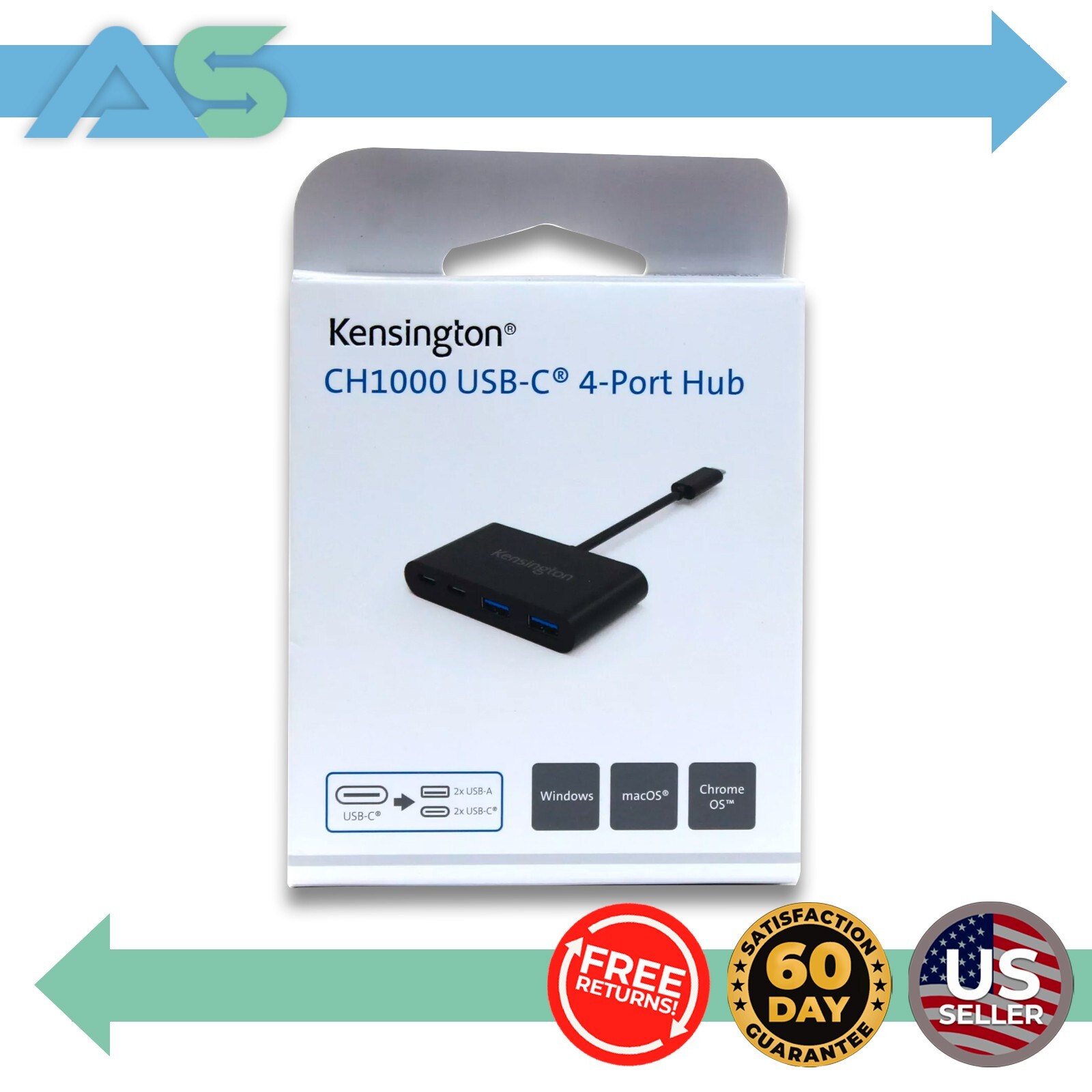 Kensington Portable CH1000 USB-C 4-Port Hub for Laptops & Devices [K39124WW]