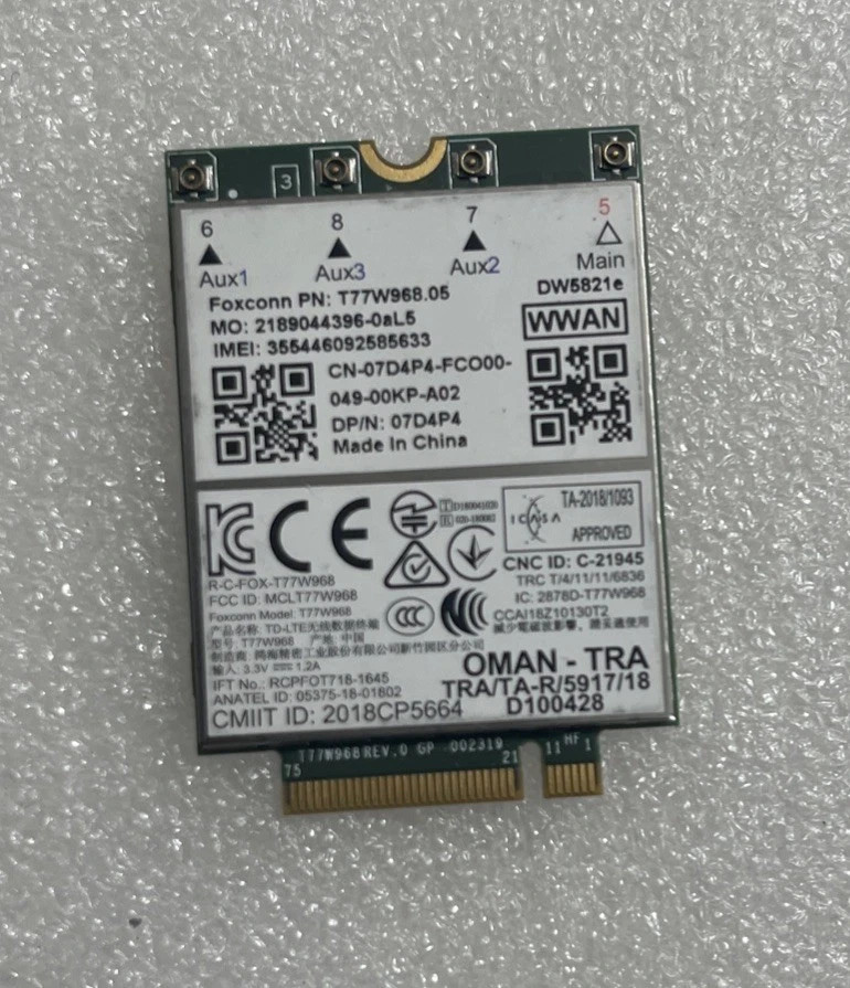 NEW Dell Wireless Card DW5821e (Foxconn T77W968.05) LTE Mobile Wireless 7D4P4