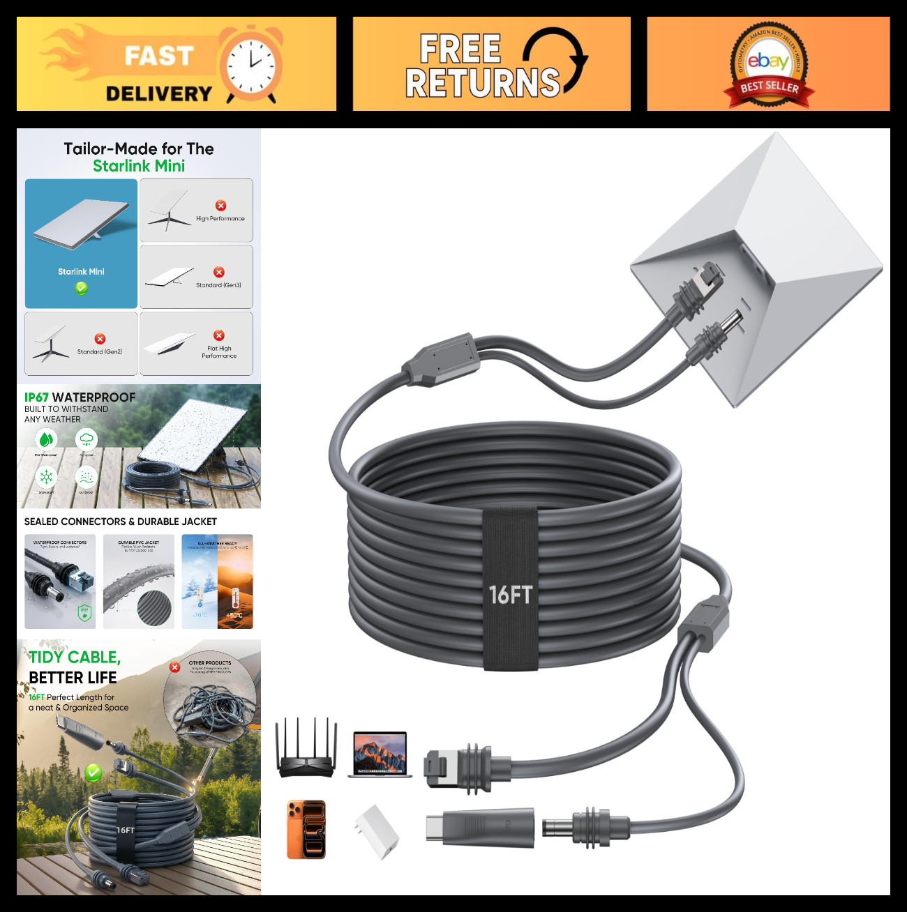 2-in-1 Starlink Mini Ethernet Cable 16.4FT/5M - High-Speed Network Connection