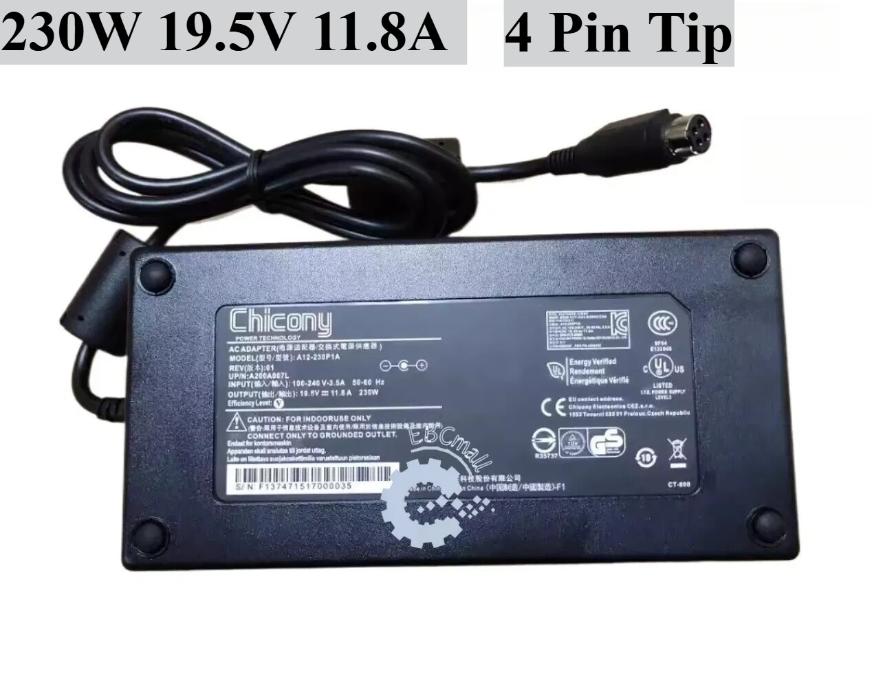Original Chicony 19.5V 11.8A 230W Charger A12-230P1A 4 Pin Tip Power AC Adapter