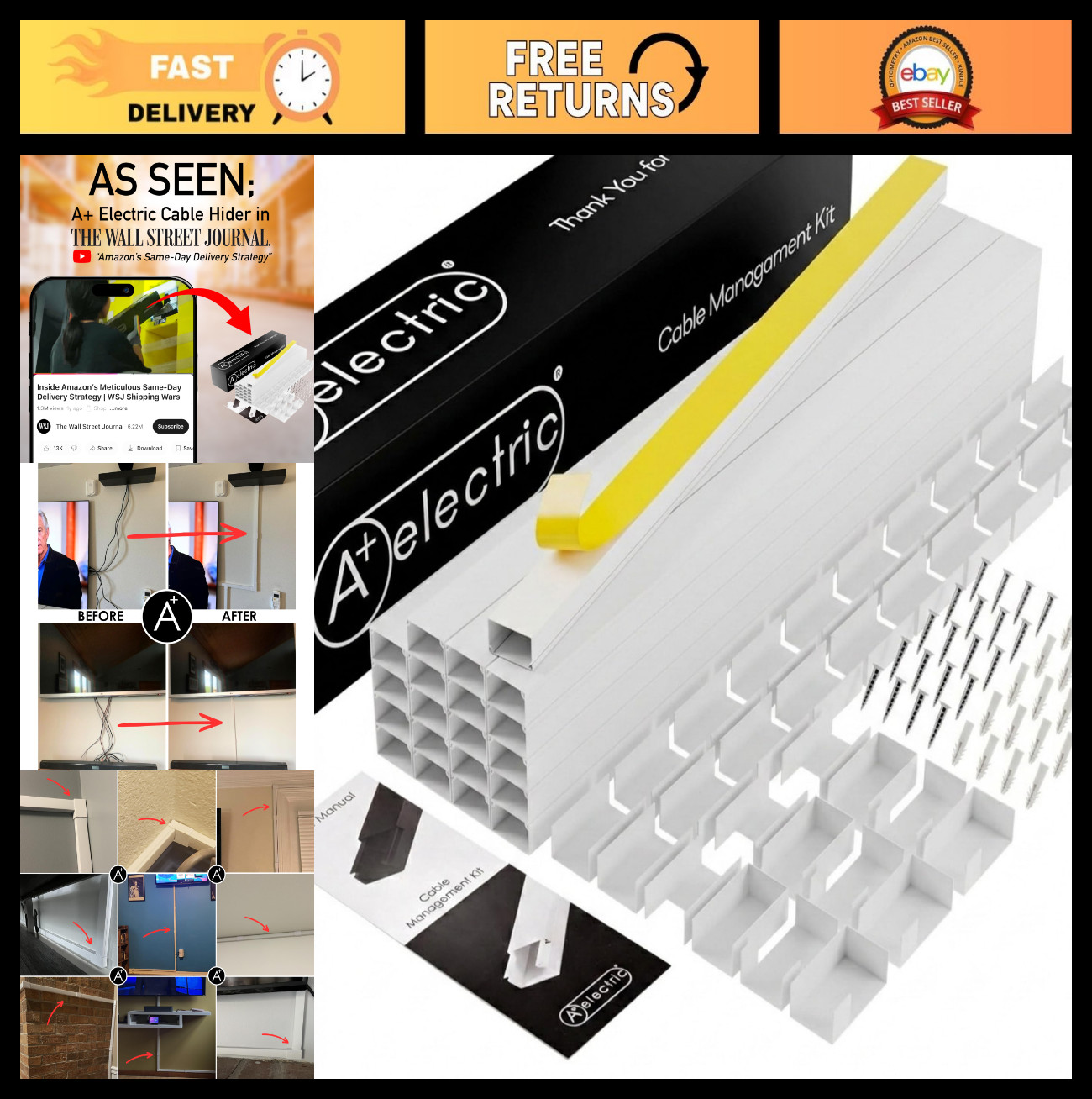 Self-Adhesive Cable Raceway Kit, 26ft Wire Hider for TV & HDMI Cables, 20 Channe
