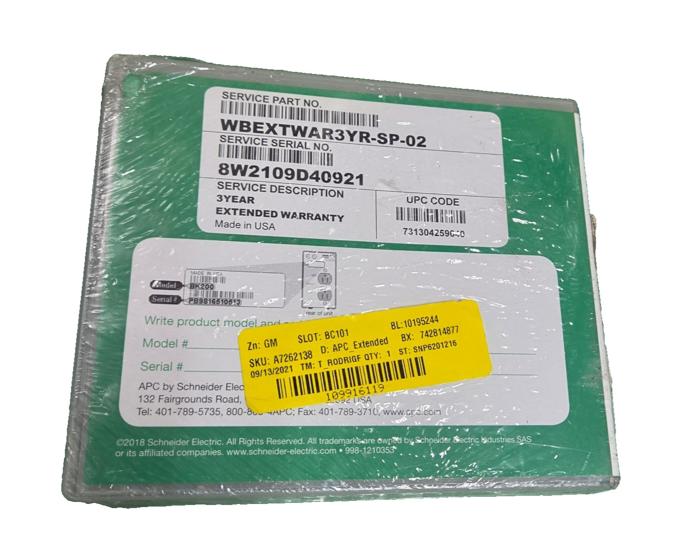 APC WBEXTWAR3YR-SP-02 3-Year Extended Warranty Service Pack New Sealed