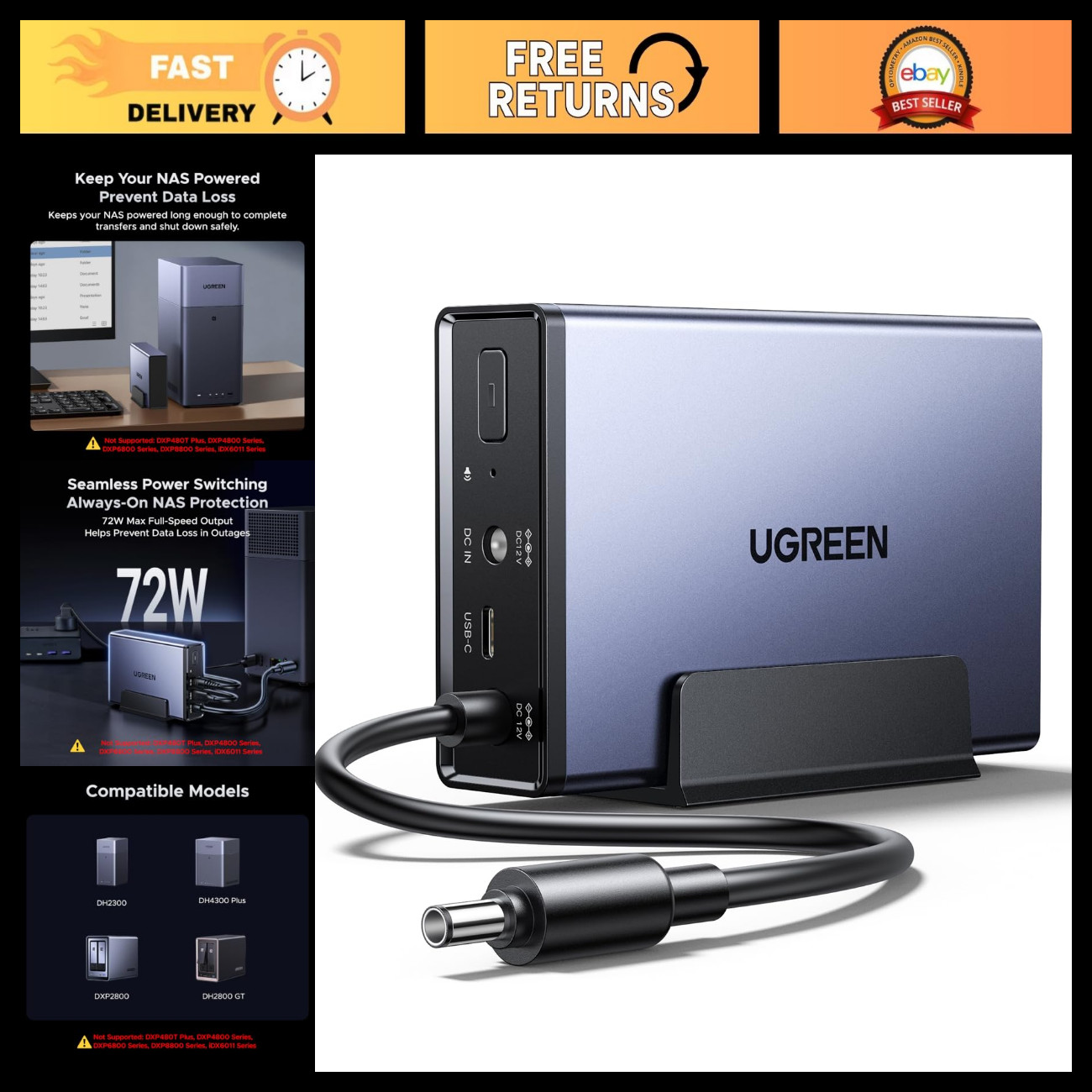 72W DC Battery Backup & Surge Protector for NAS, UPS, Home Office Power Supply