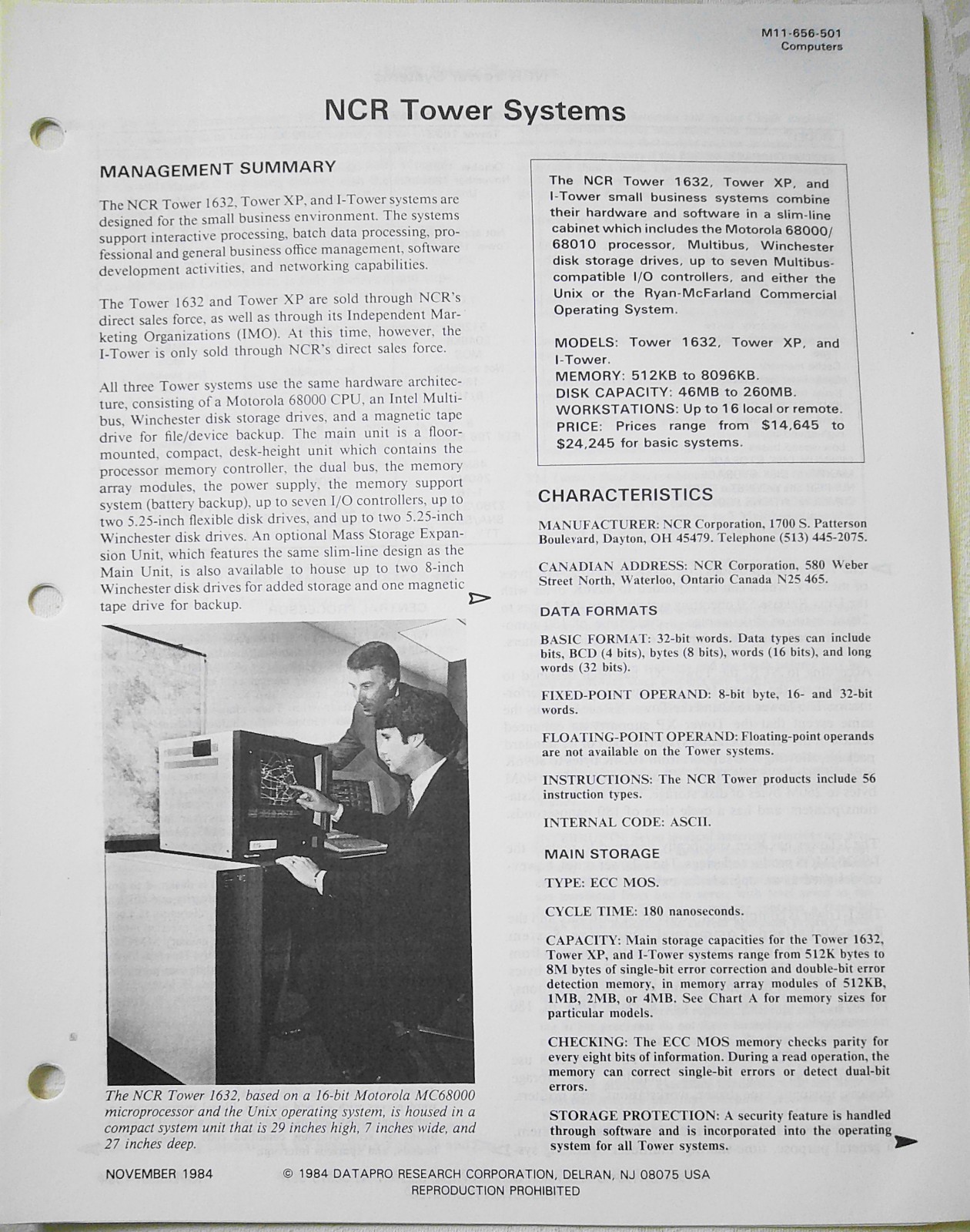 1984 Datapro Report on NCR Tower Systems computers