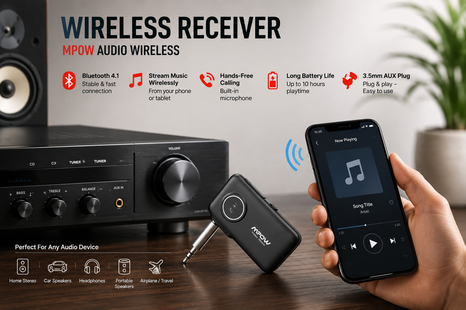 MPOW Wireless Receiver BH298B AUX 3.5mm Audio Adapter Hands-Free Calling