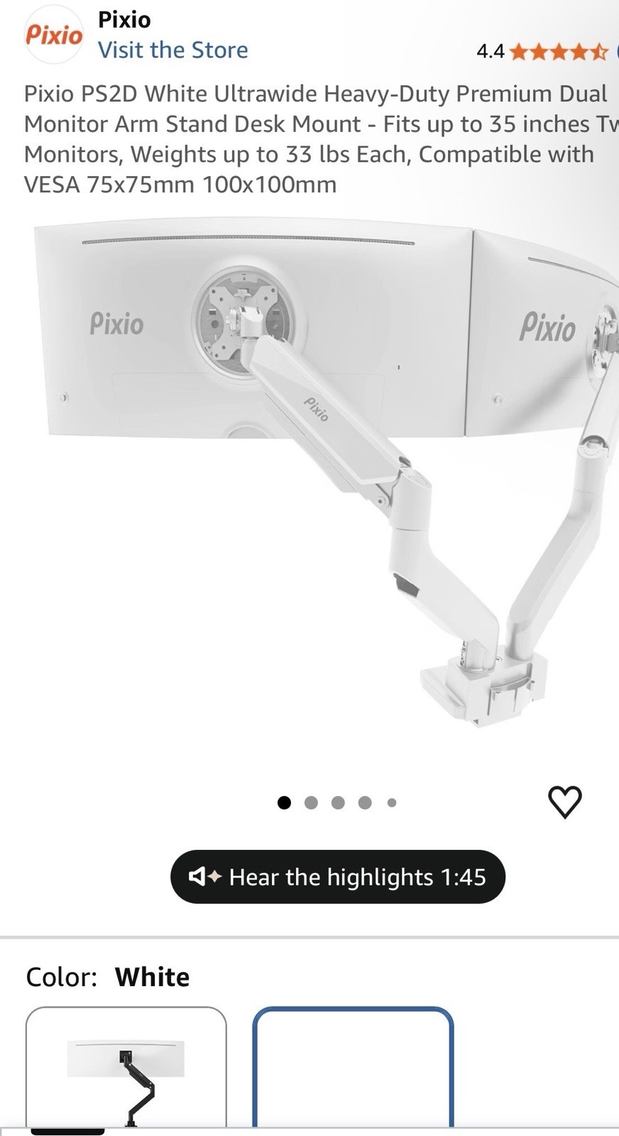 Pixio PS2D White Dual Full Motion Monitor Arm Mount 35in VESA 75x75 100x100mm