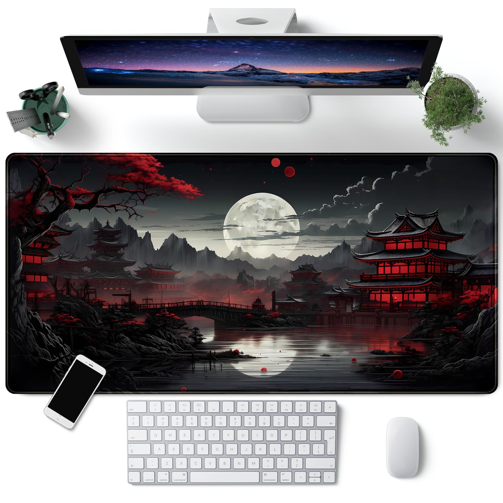 Japanese Desk Mat Riverside Full Moon Desk Pad Black Red Large Mouse Pad Gami...