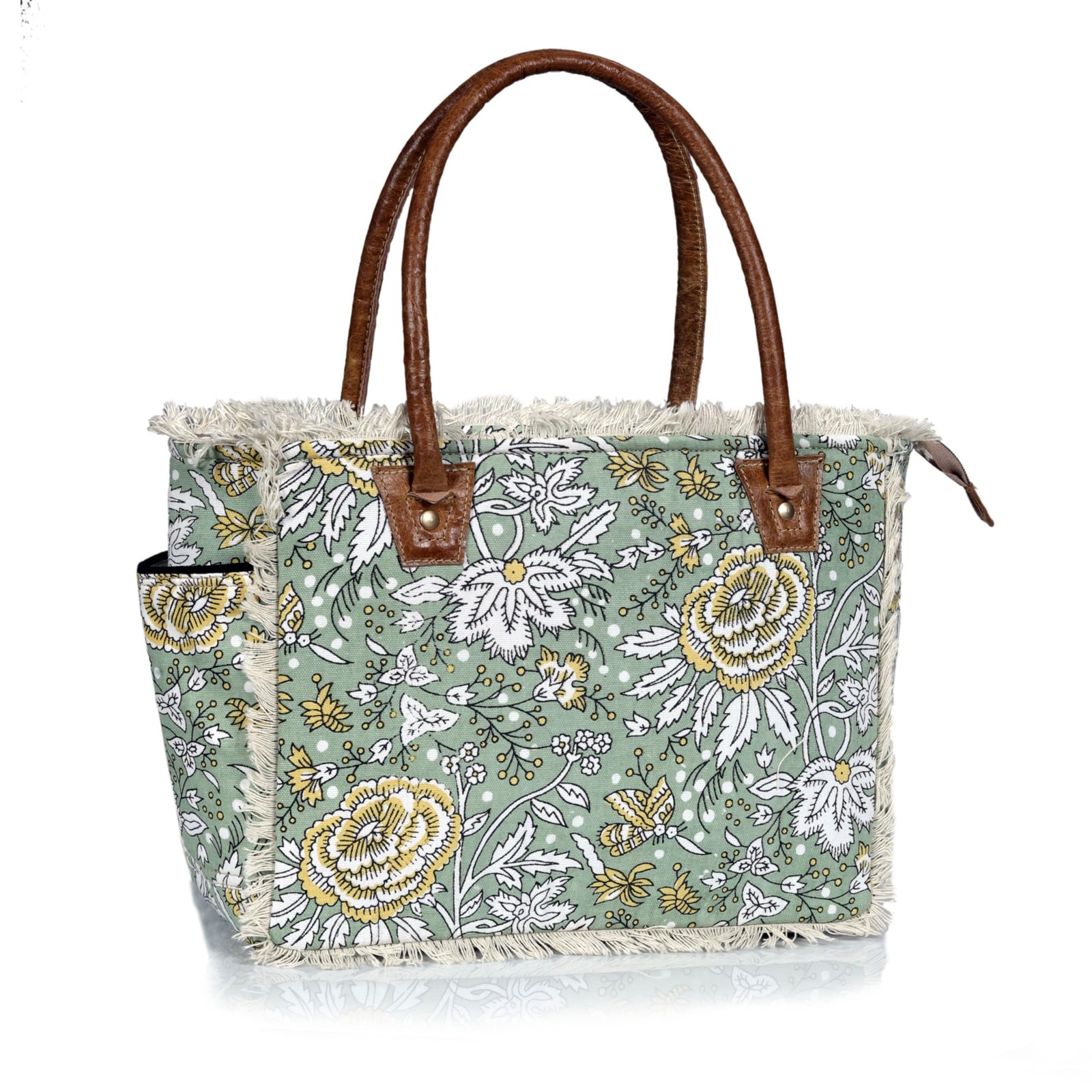 Boho Floral Canvas Tote Bag – Large Green Shoulder Bag with Fringe & Leather ...