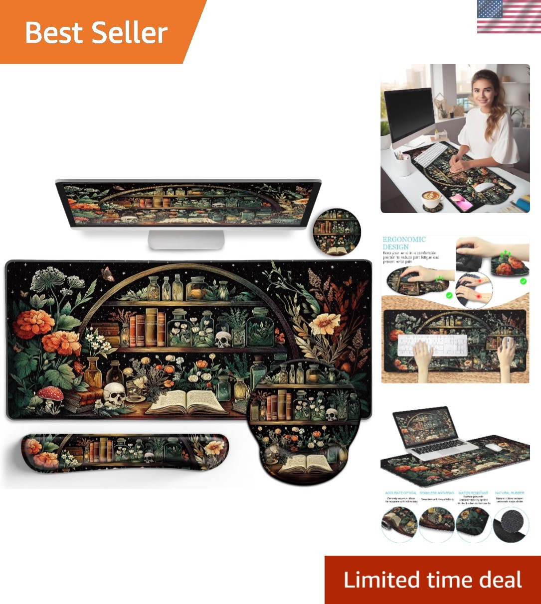 Extended Goth Skull Desk Mat Set: Ergonomic Mouse Pad & Wrist Supports