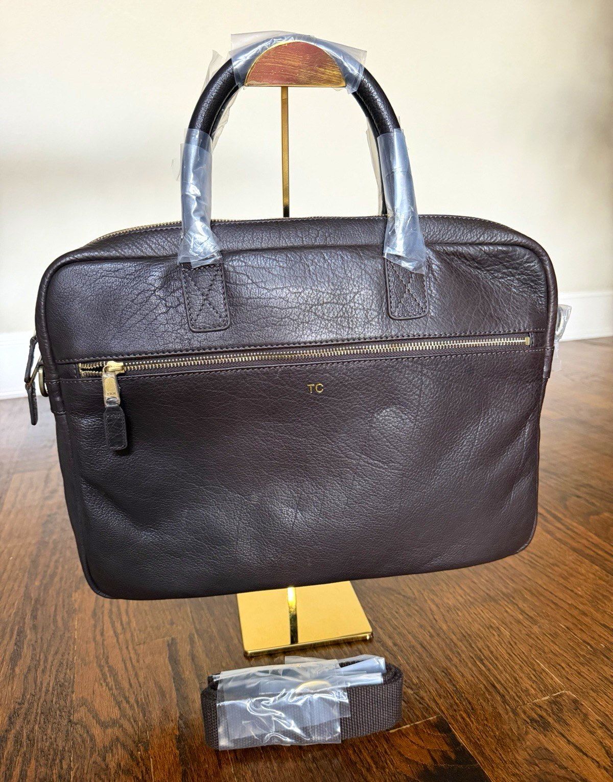 Mark & Graham Brown Leather 13in Laptop Briefcase Adjustable Strap Zipper MonoTC