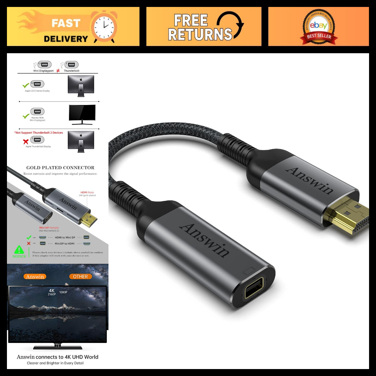 4K HDMI to Mini DisplayPort Adapter, Active 60Hz Converter for Monitor/TV