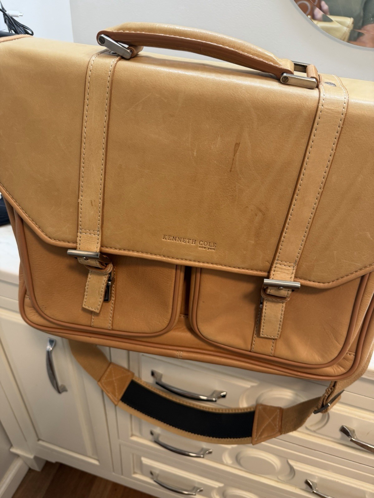 Kenneth Cole New York Tan Leather Laptop Briefcase, Adjustable Strap