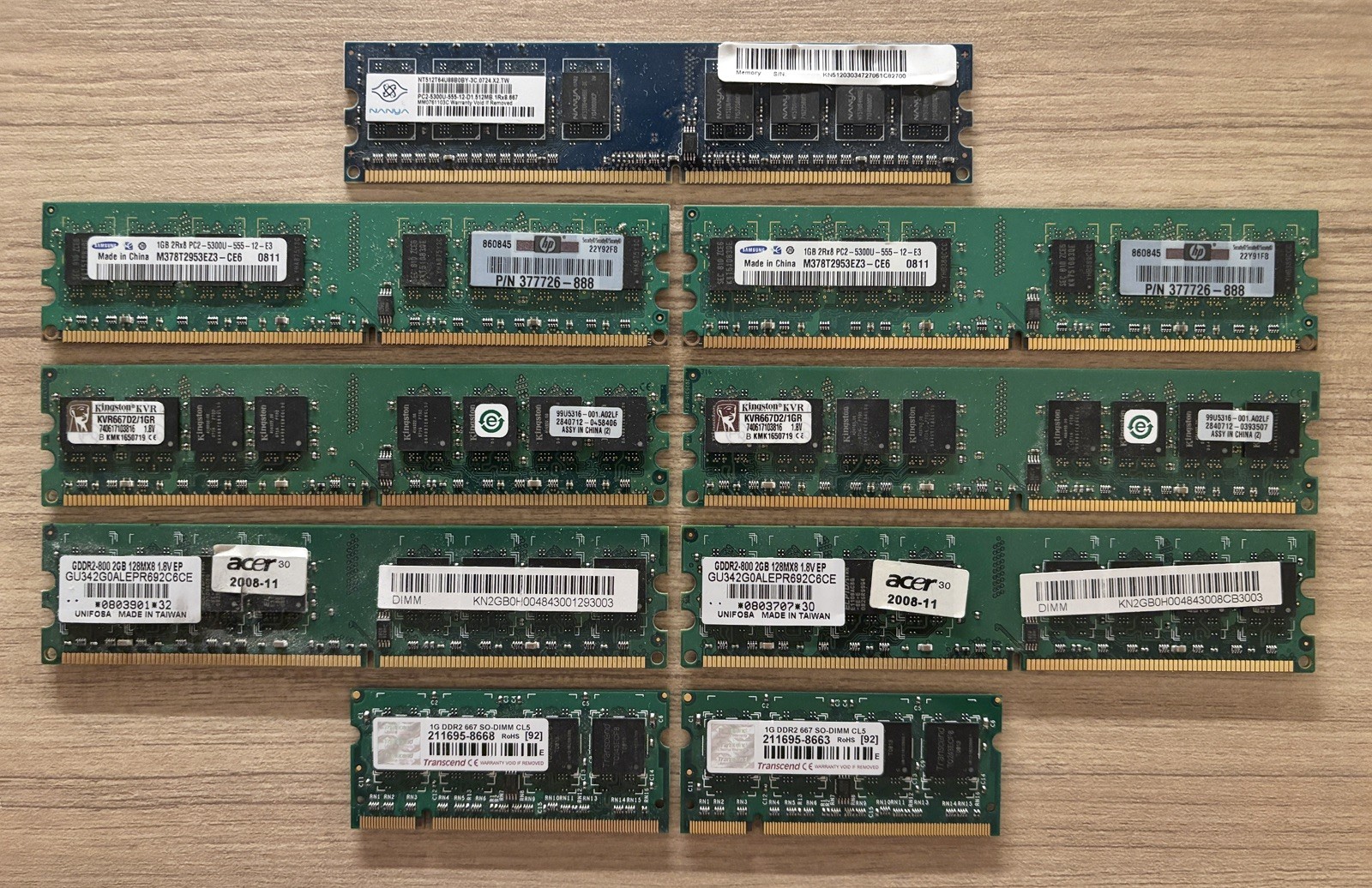 Lot (9) RAM Desktop + Laptop: Samsung, Kingston, Acer, Transcend 1GB, 2GB, 512MB