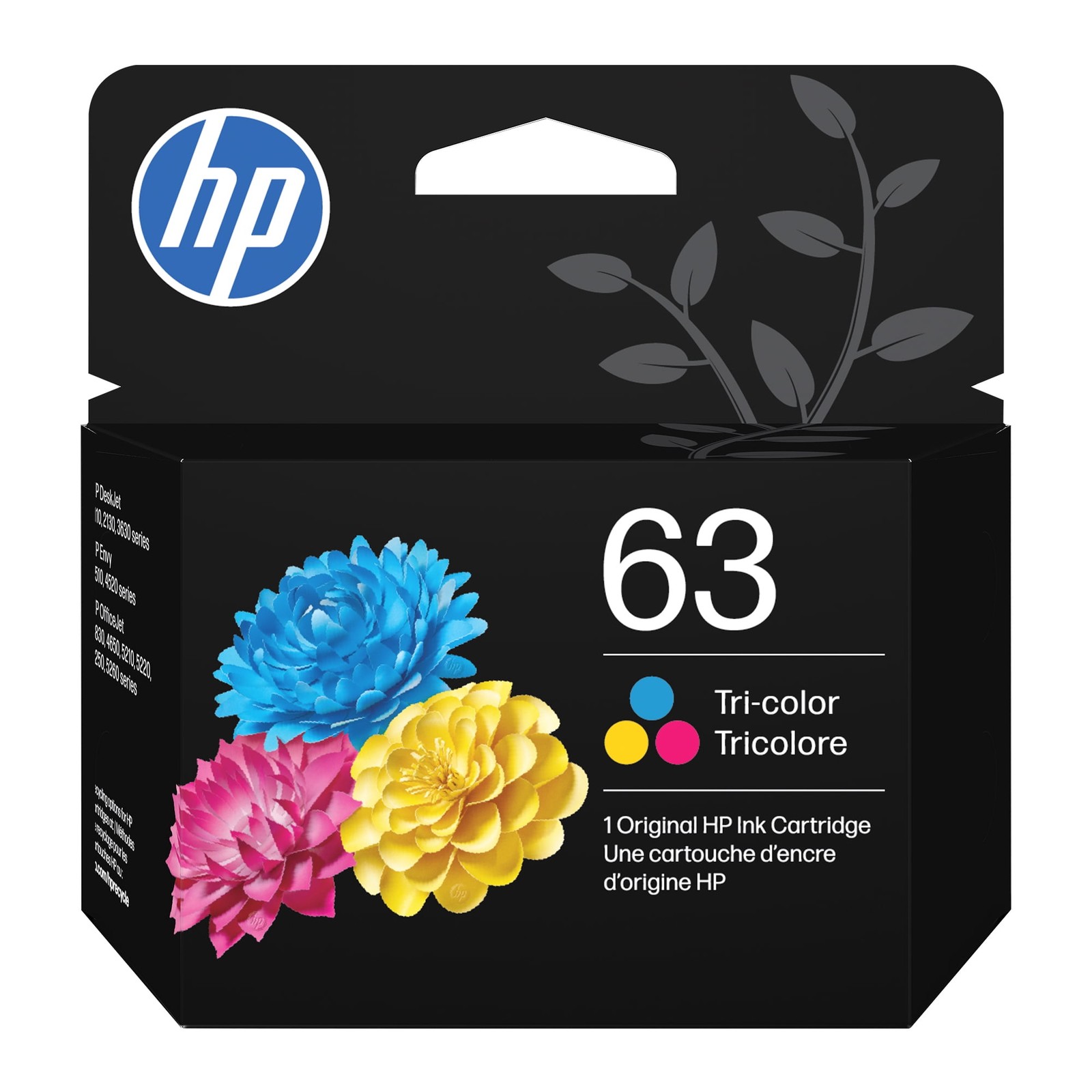 HP 63 Tri-Color Ink Cartridge, Cyan Magenta Yellow, 150 Page Yield, F6U61AN#RFD