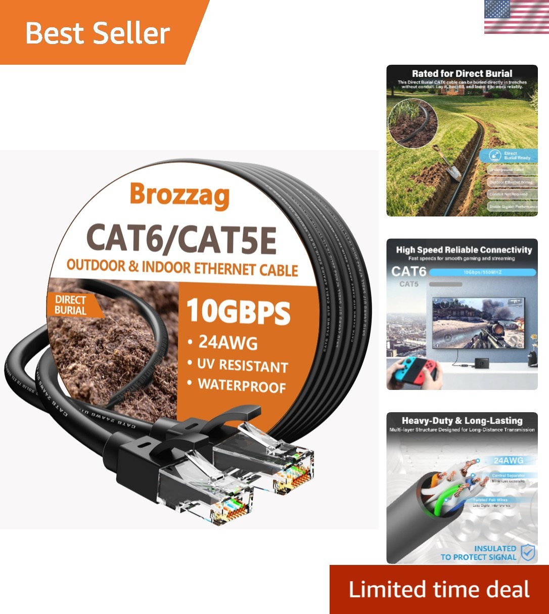 10Gbps Cat6/Cat5E Ethernet Cable - 50ft Durable, Direct Burial, Snagless RJ45