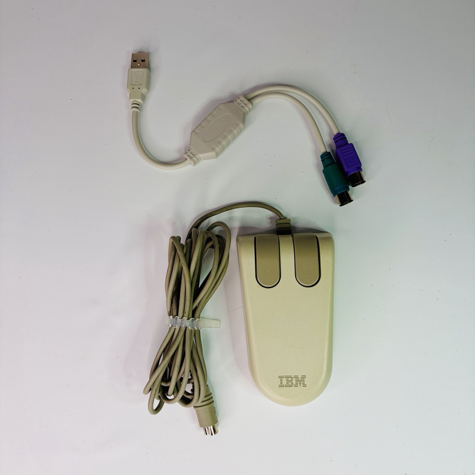 Vintage IBM 2-Button PS/2 PC Mouse 6450350 and USB Adapter - Working