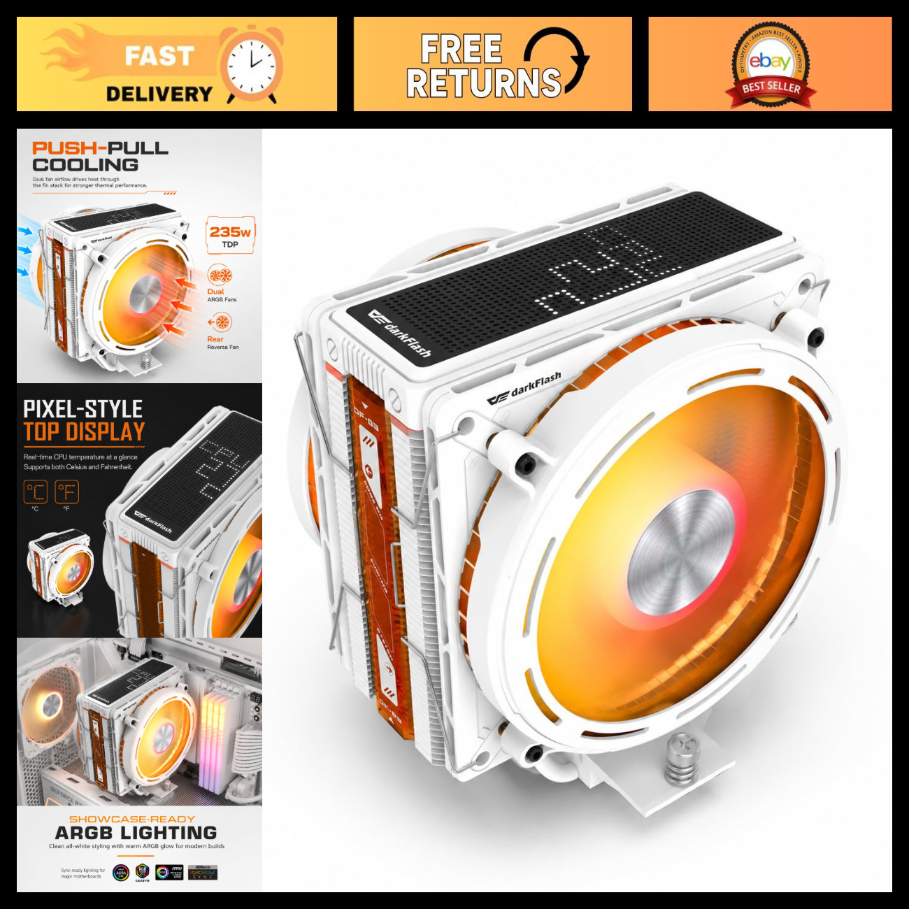 High-Performance CPU Air Cooler, Dual ARGB Fans, mATX, LED Display, White Design