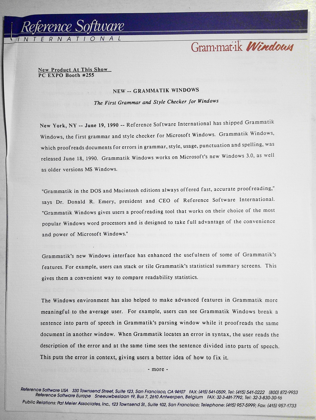 1990 Grammatik Windows Press Release - First grammar & style checker for Windows