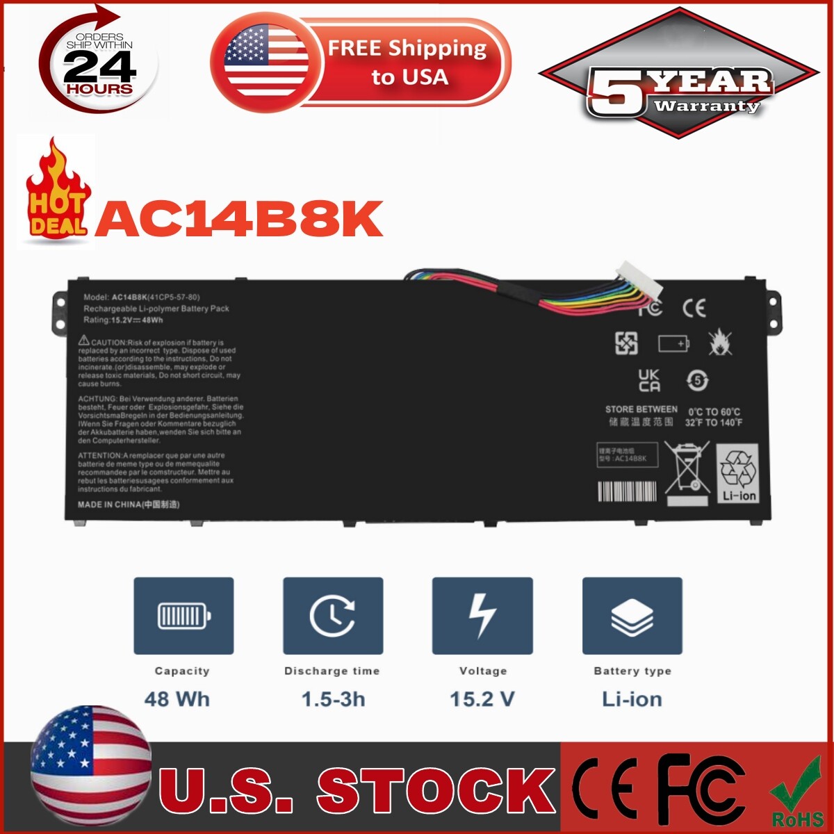 AC14B8K Laptop Battery For Acer Aspire R5-471T R5-571T R5-571TG N15W5 48Wh 15.2V