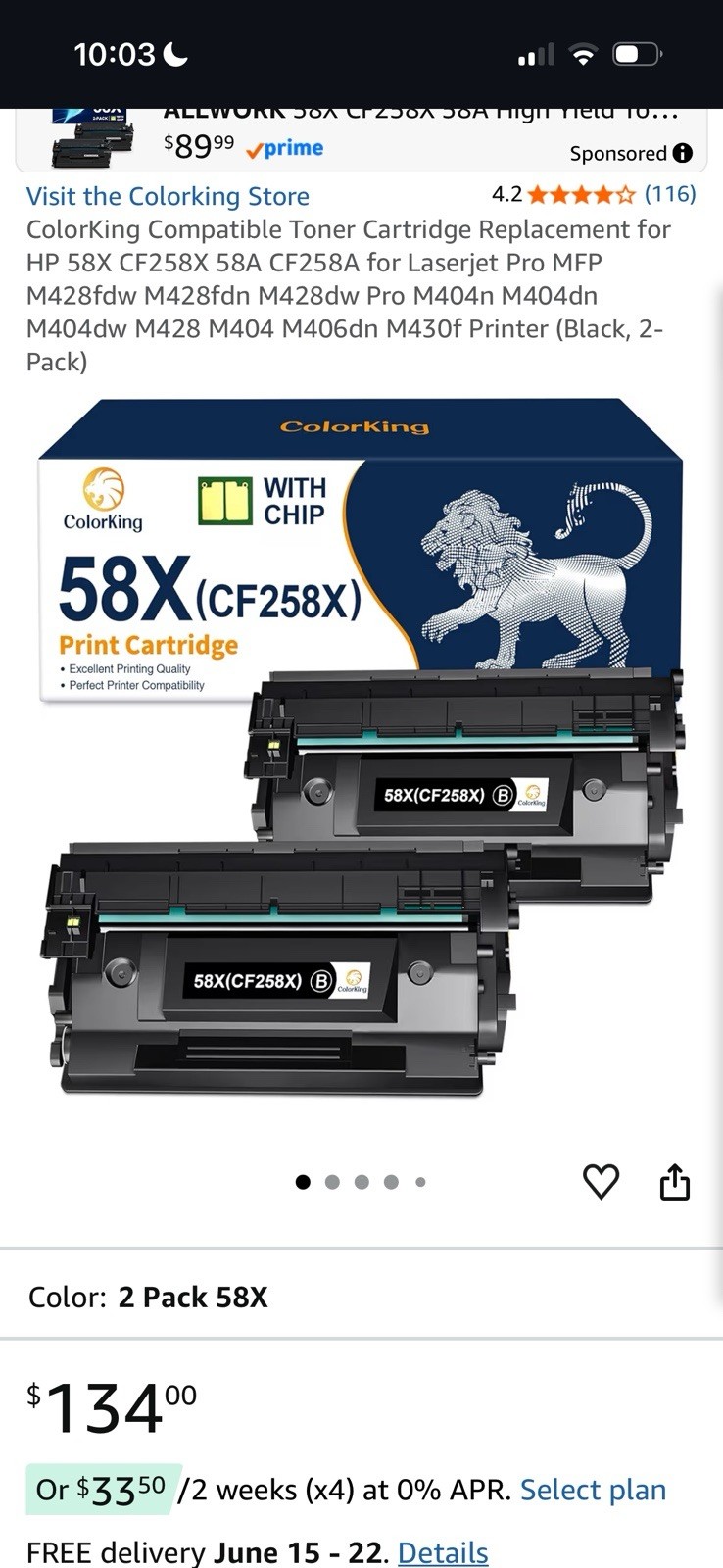 ColorKing Compatible 58X CF258X Black Toner Cartridge w/ Chip 2-Pack for HP 58X