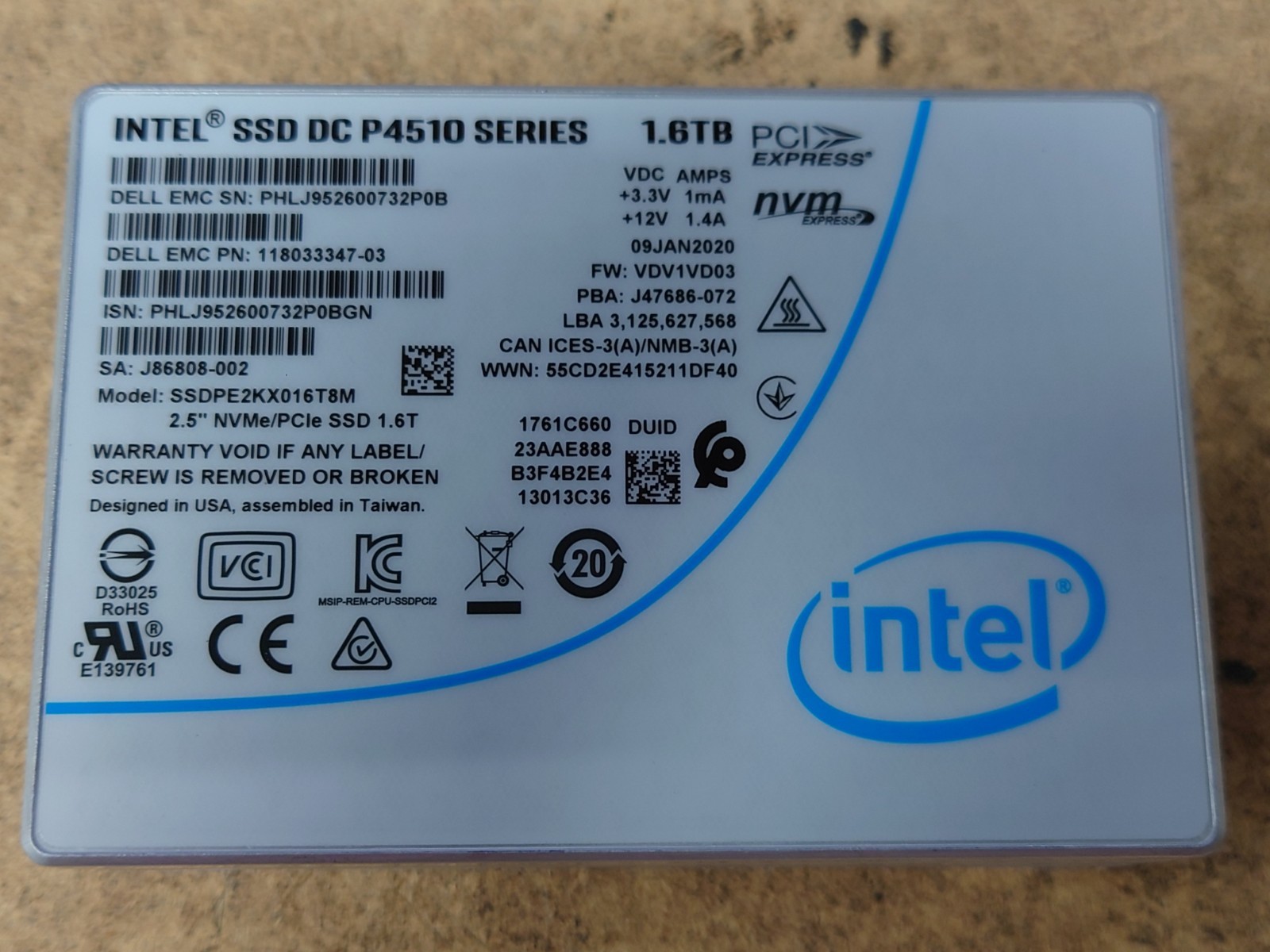 Intel DC P4510 1.6TB U.2 NVMe SSD 2.5" SSDPE2KX016T8M