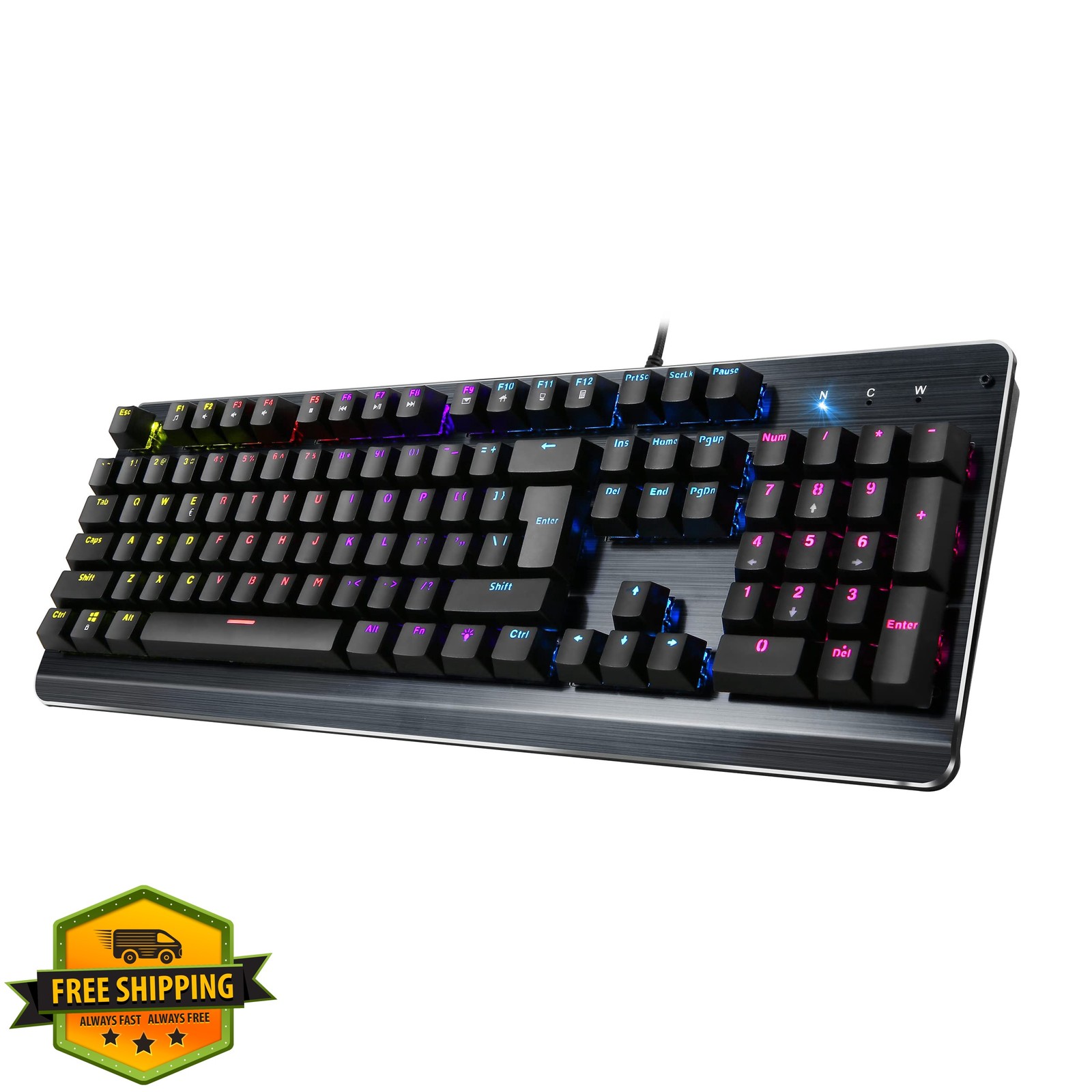 ProHT Rainbow LED Backlit USB Wired Keyboard with Blue Switches,Durable ABS K...
