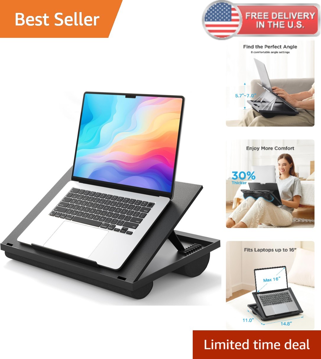 Adjustable Lap Desk with 8 Angles - 15.6 Laptop Support - Black - Portable