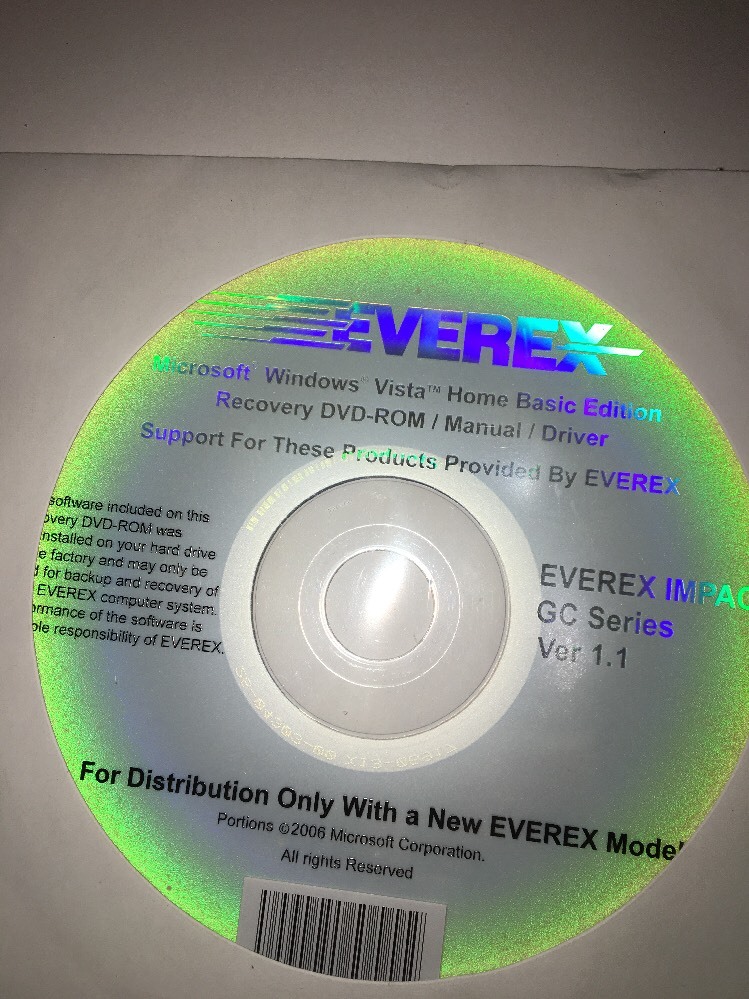 Everex Microsoft Windows Vista Home Basic Edition Recovery DVD-ROM/Manual/Driver