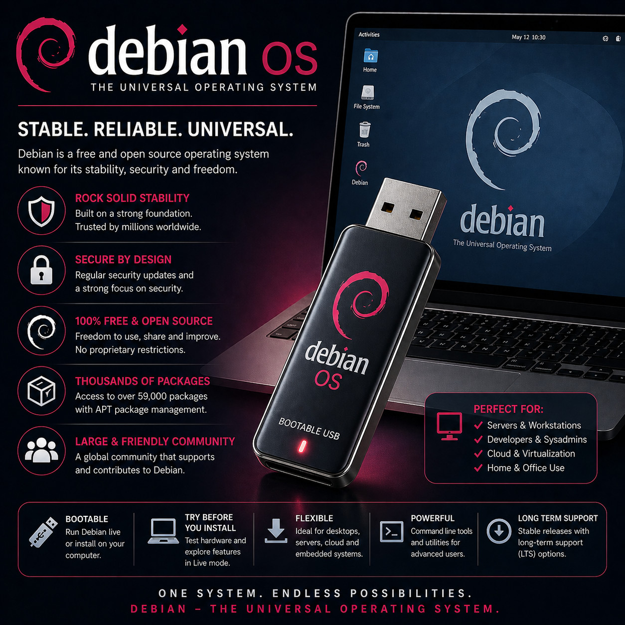 Debian OS Bootable USB | Live & Install | x64 & ARM | LATEST Version - PRELOADED