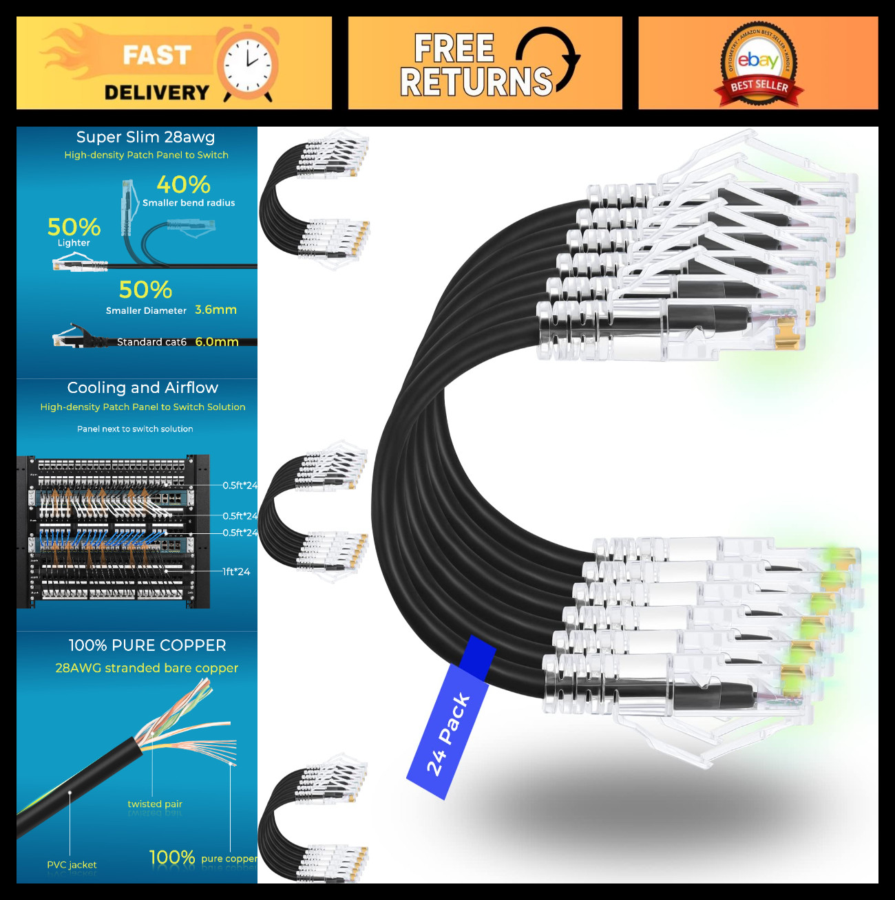 24 Pack 5ft Cat6/Cat6a Ethernet Patch Cables - Snagless, 10G Support, Slim Desig