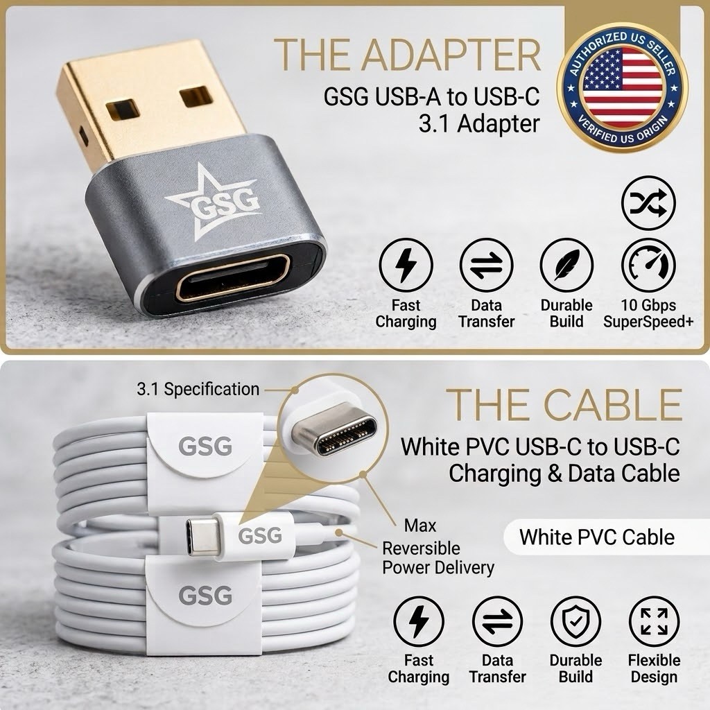 USB-A to USB-C 3.1 Adapter & Type C Charging Cable Set 10Gbps Fast Data Sync