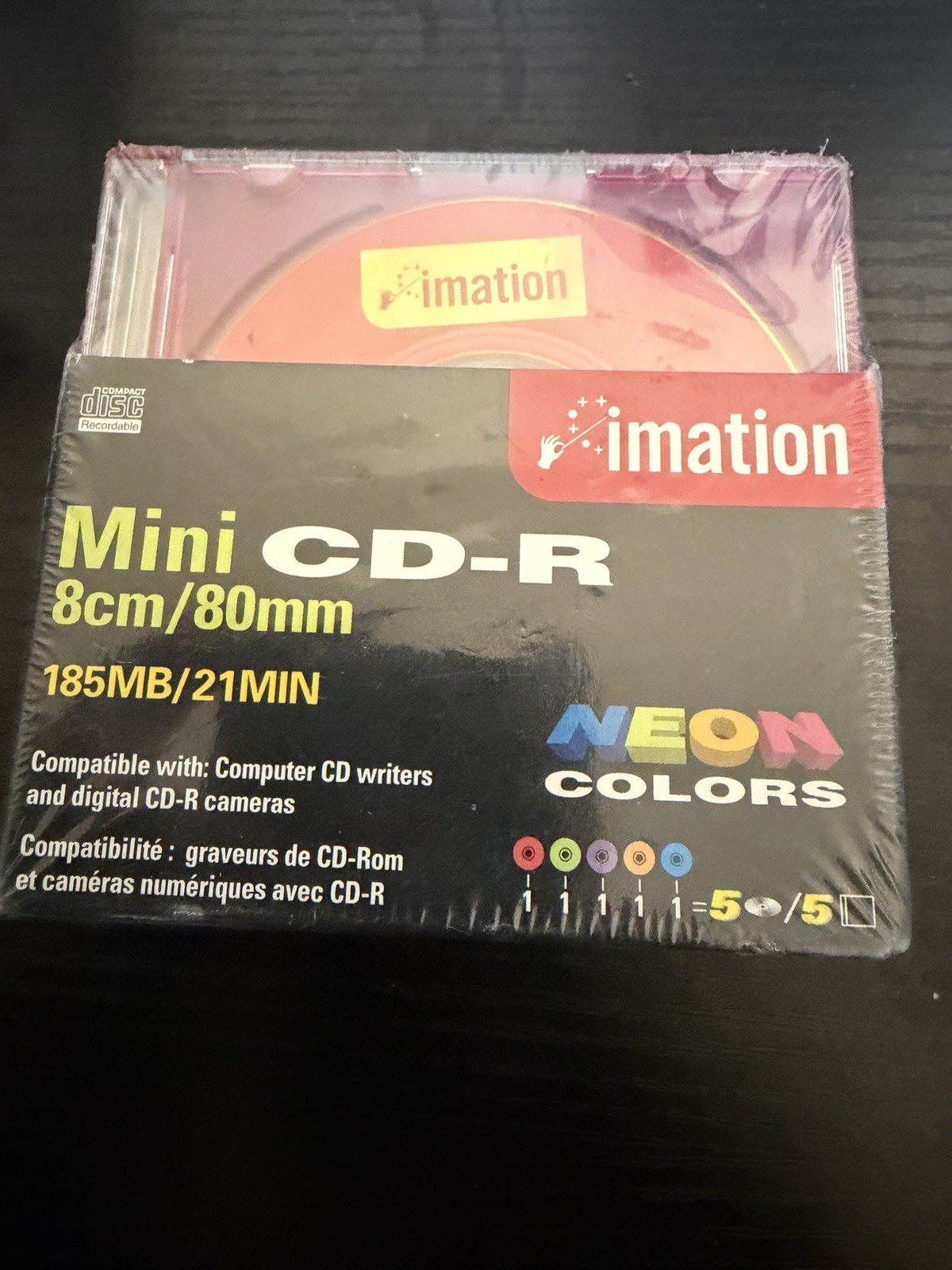 Imation Neon Mini CD-R 5 Pack (202MB/23Min) fit 8cm/80mm CD trays NEW SEALED