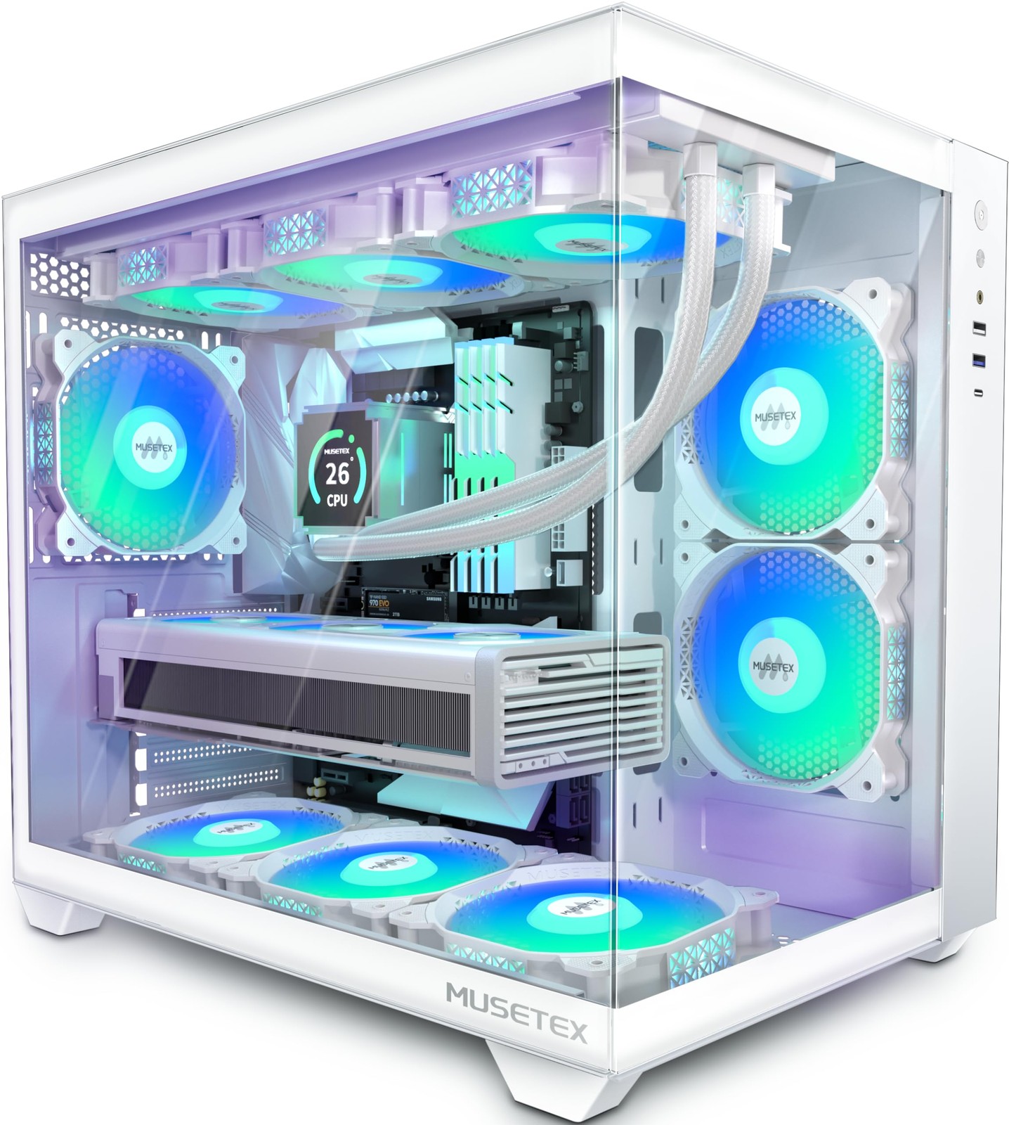 Pure White Computer Case MUSETEX Y6 6 PWM ARGB Fans Type C