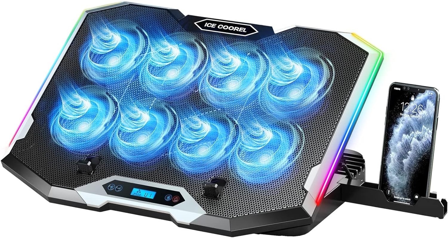 ICE COOREL RGB Gaming Laptop Cooling Pad - 8 Quiet Fans & Phone Holder, Adjust..