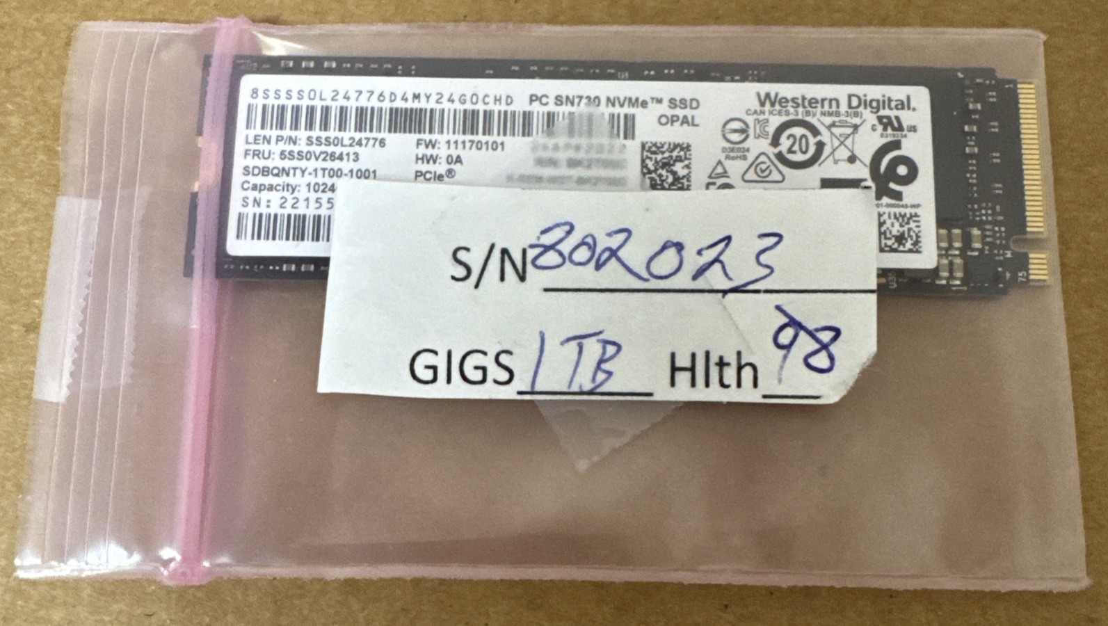 Western Digital 1TB SN730 M.2 2280 PCIe Gen3 x4 NVMe SSD SDBQNTY-1T00-1001 98%