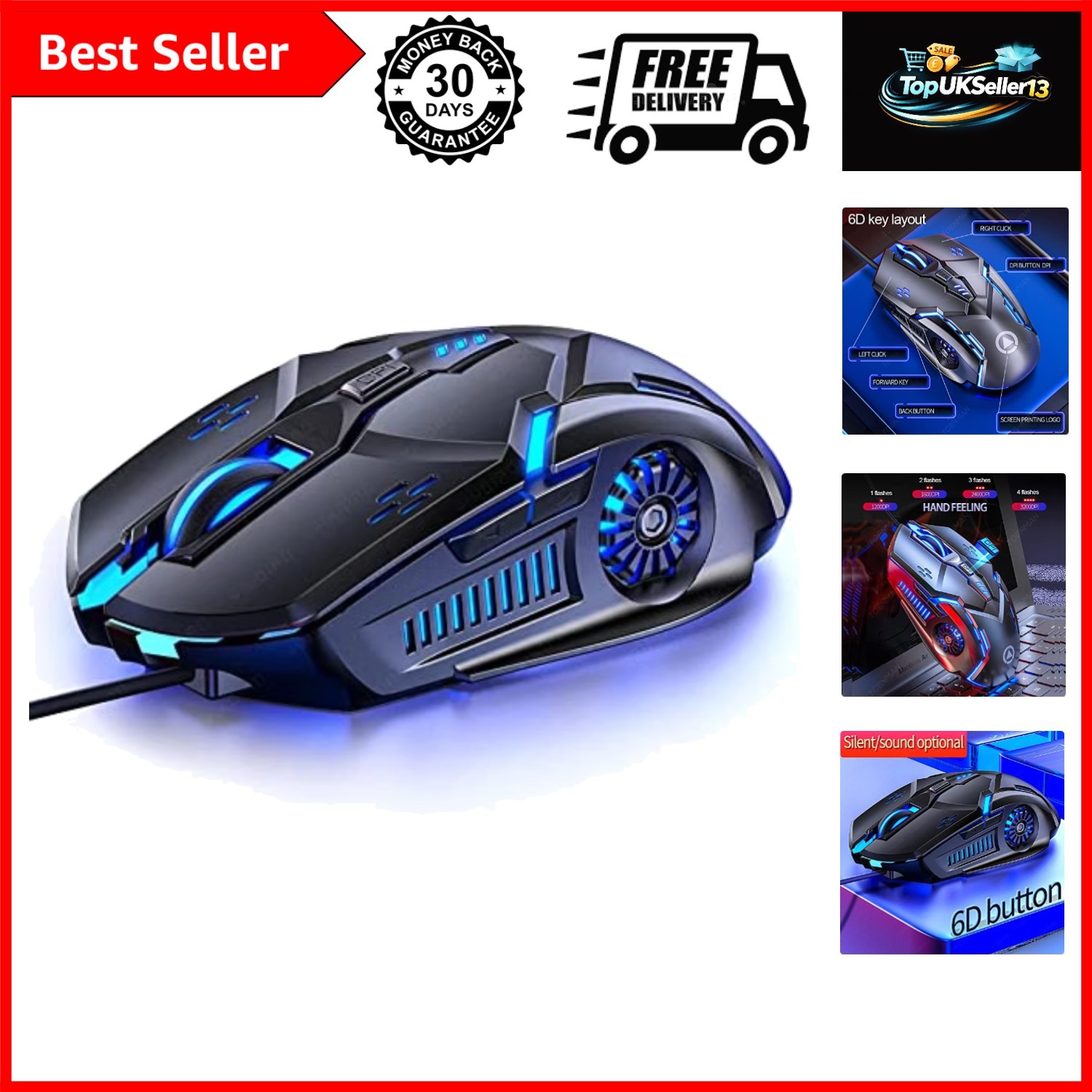 Gaming Mouse Wired,6 Buttons, 4 Adjustable DPI Up to 3200 DPI, 7 Circular & B...