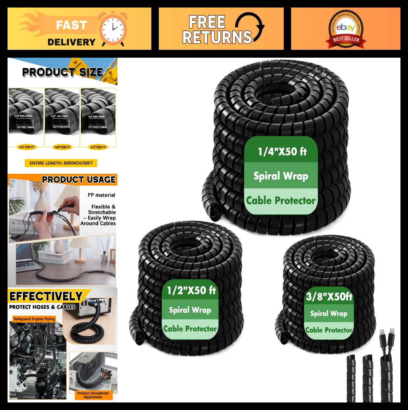 3 Pcs Spiral Cable Protector Wrap, 50 FT Hydraulic Hose Sleeve, 1/4" 1/2" 3/8" O
