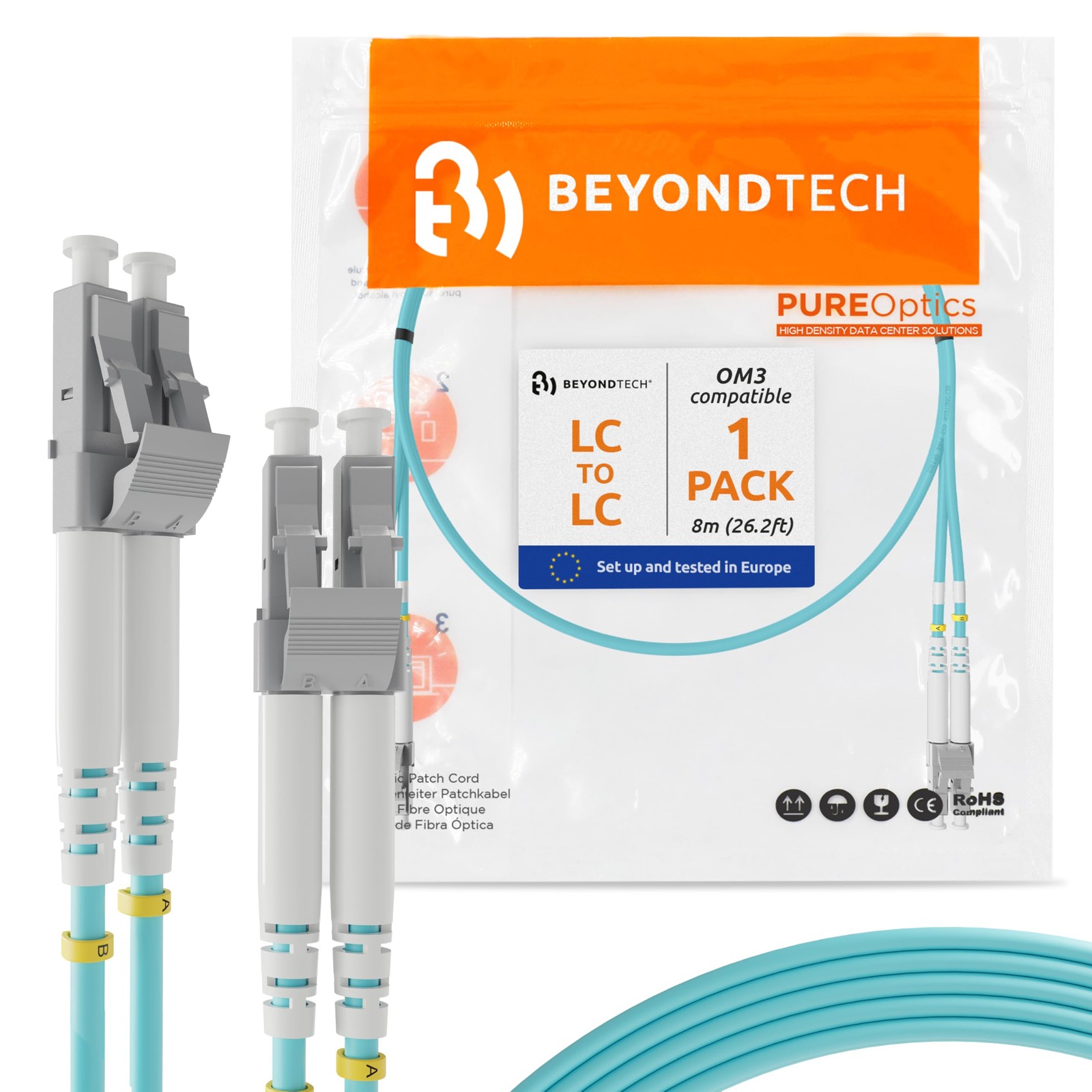 BEYONDTECH 8m LC to LC Multimode Duplex Fiber Cable 50/125µm OM3 10G LSZH