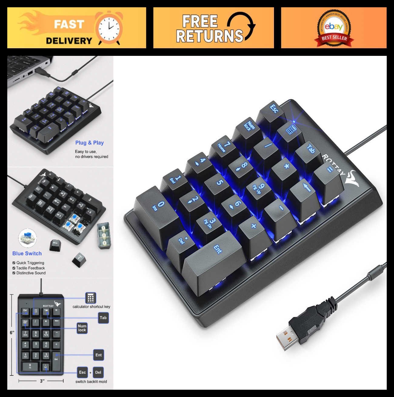 Mechanical USB Wired Numeric Keypad - 22-Key Backlit Numpad for PC/Laptop, Black