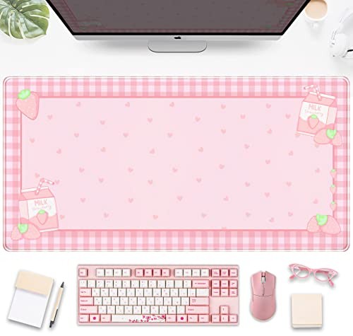 Cute Pink Plaid Desk Mats Strawberry Milk Gaming Desk Pad, Kawaii Extended Mouse