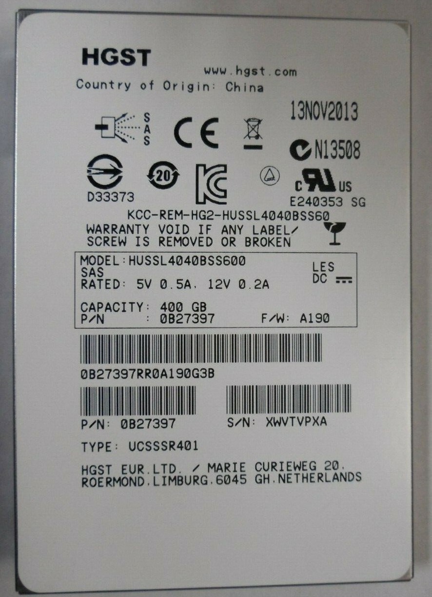 HGST HUSSL4040BSS600 400GB SSD 2.5" SAS SOLID STATE DRIVE 0B27397