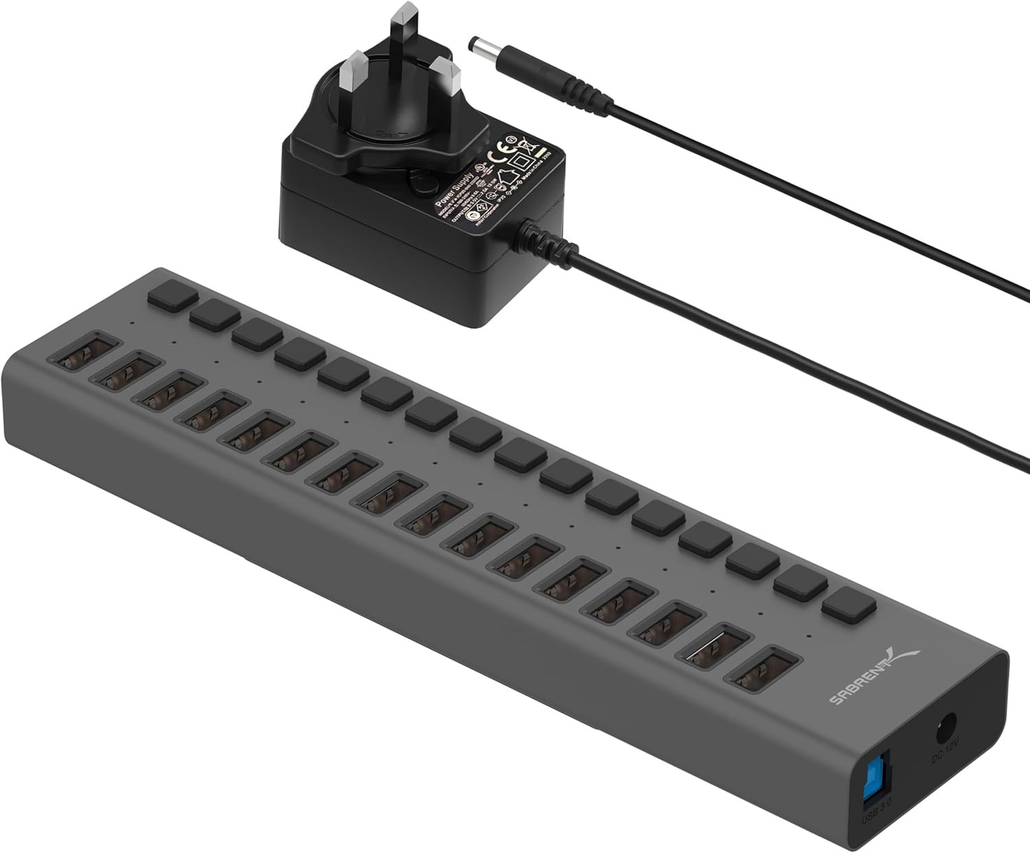 16-Port USB 3.0 Data Hub and Charger with Individual Power Switches, 90W High-Po