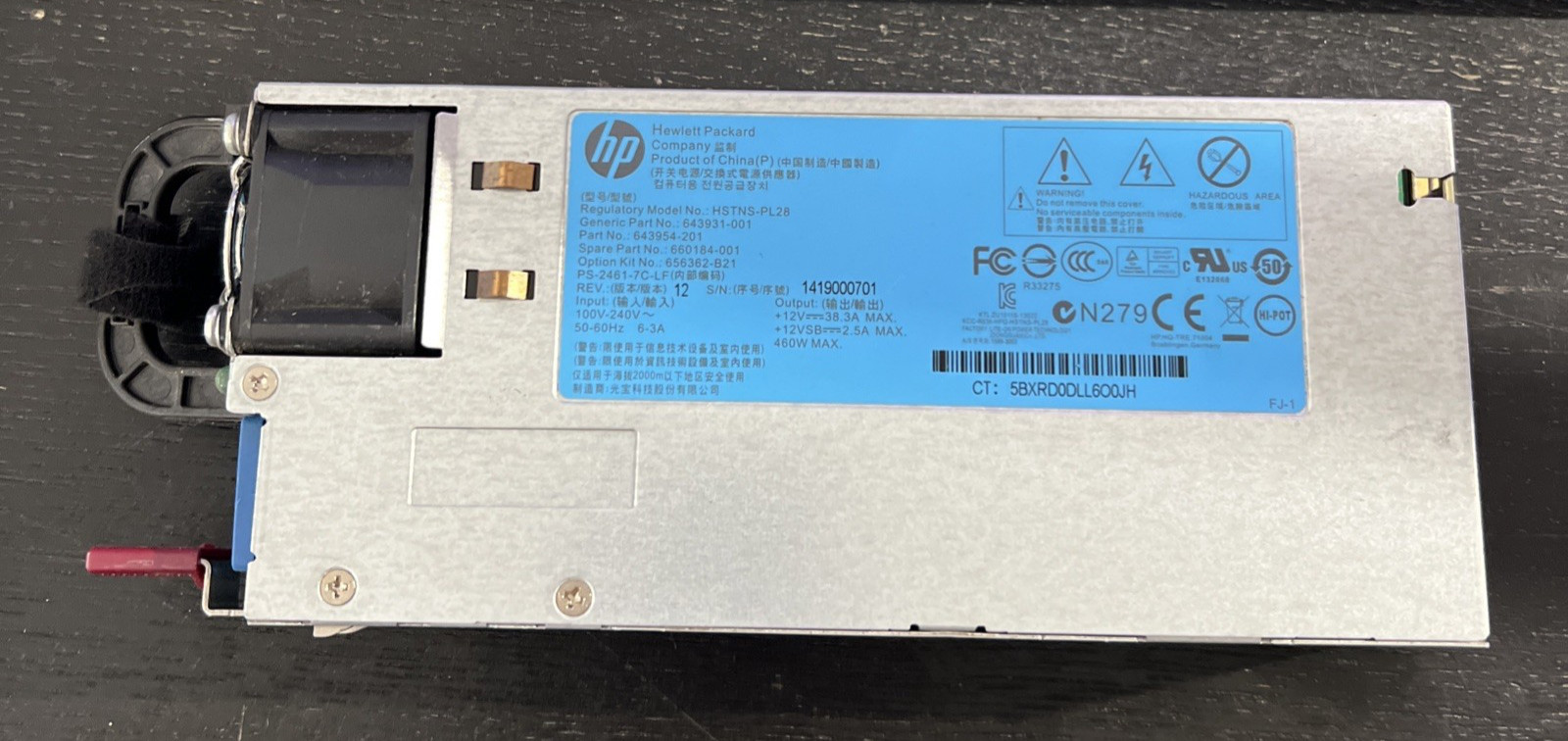 HP ProLiant ML350p G8 Server HSTNS-PL28 460W Hot Plug Power Supply- 660184-001