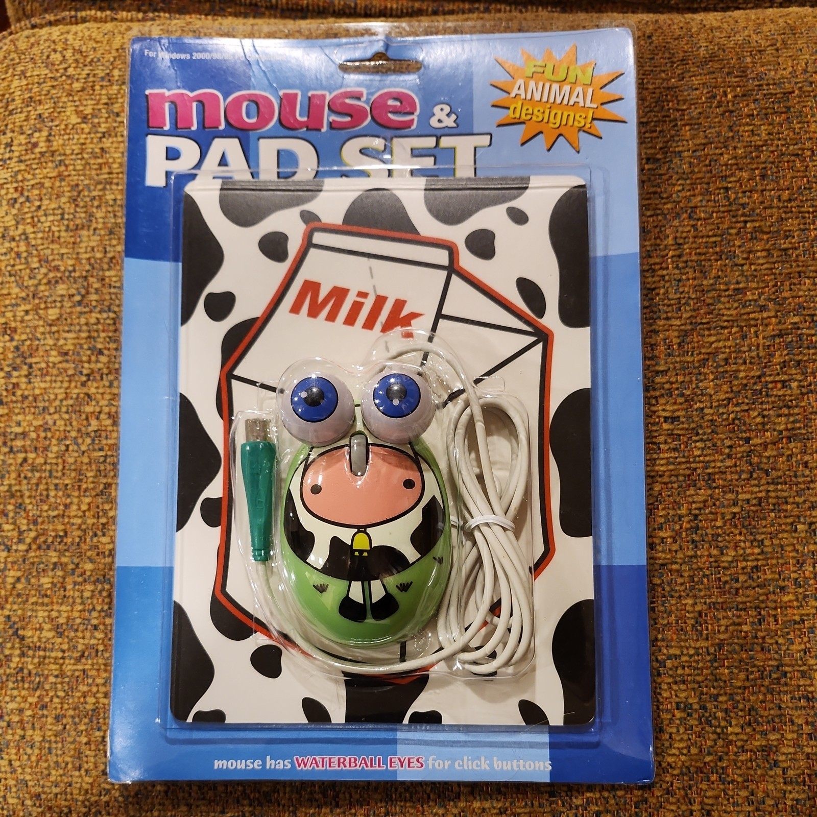 Cow Big-Eye PC Mouse & Pad for Windows 95/98/00 Waterball Eye Click Button NEW