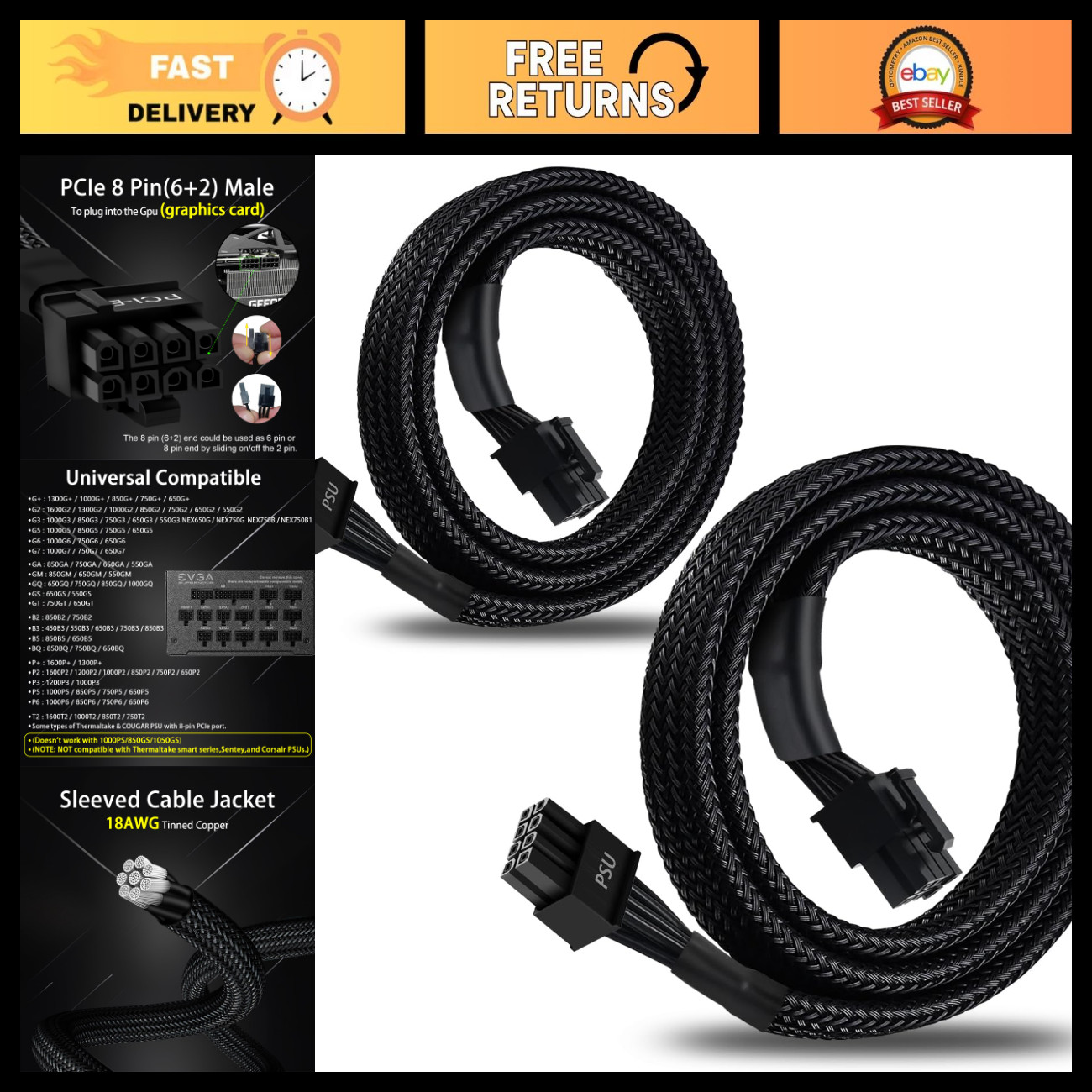 2-Pack 8 Pin PCIe Power Cable Adapter - 25-inch Sleeved (6+2) Male PCI Express