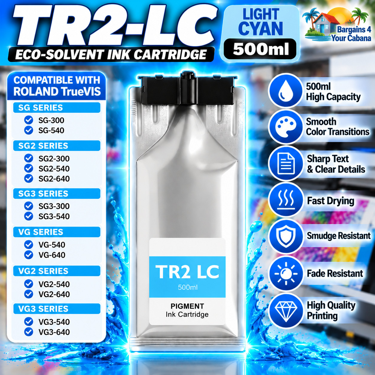 TR2-LC 500ml Light Cyan Eco Solvent Ink for Roland TrueVIS SG VG Printers