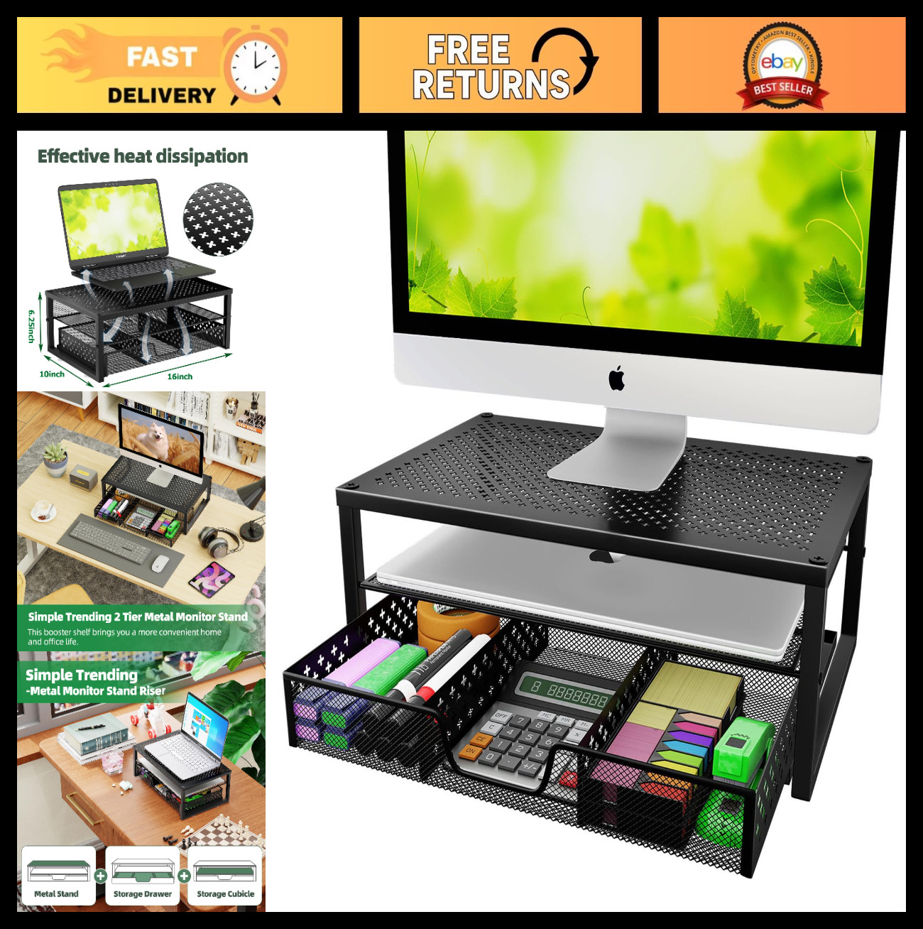 Metal Monitor Stand Riser & Desk Organizer with Drawer - 2-Tier, Sturdy, Anti-Sl
