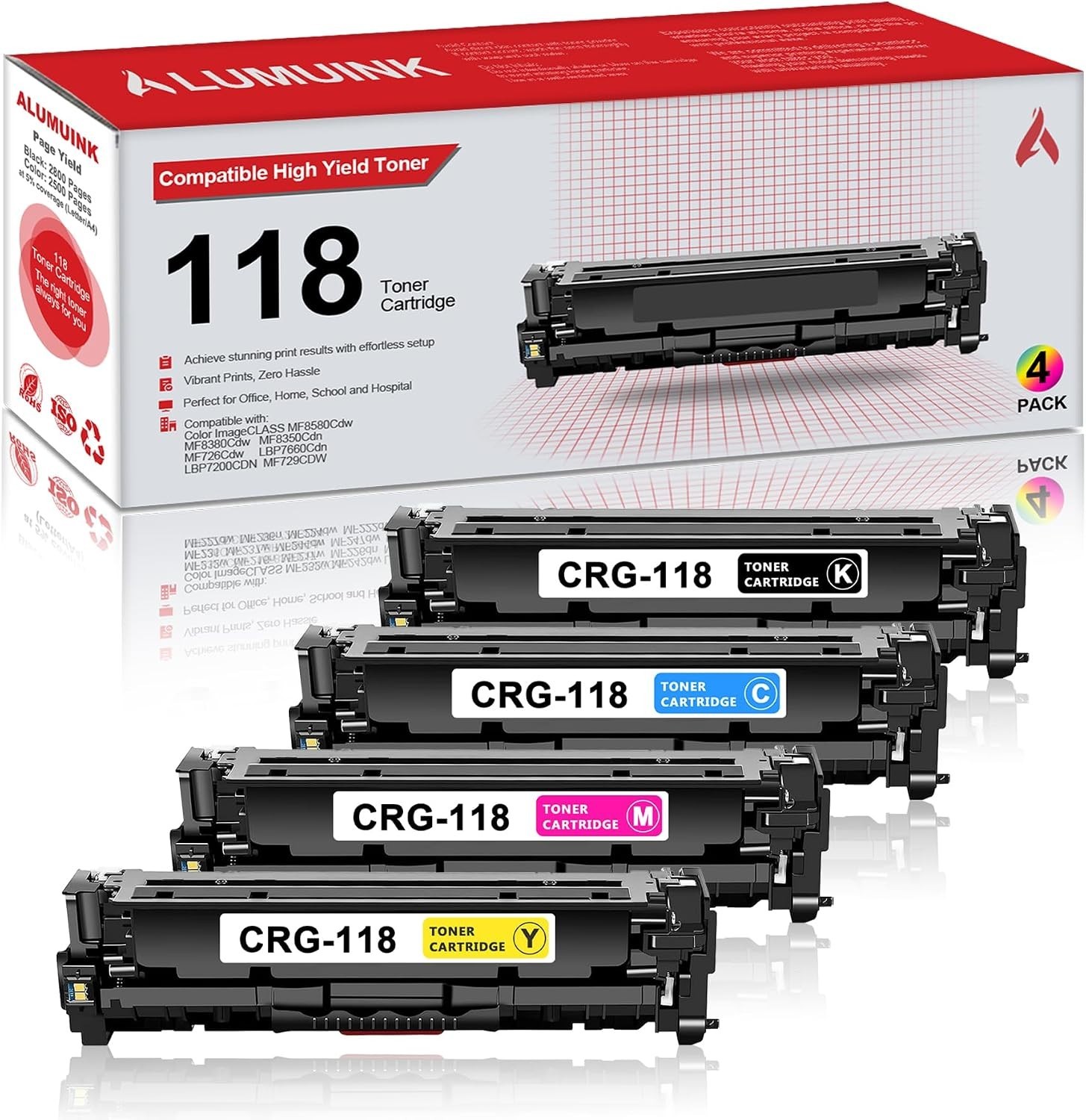 118 Toner Cartridges BCYM 4-Pack Color Black CRG Canon ImageCLASS MF726Cdw BN