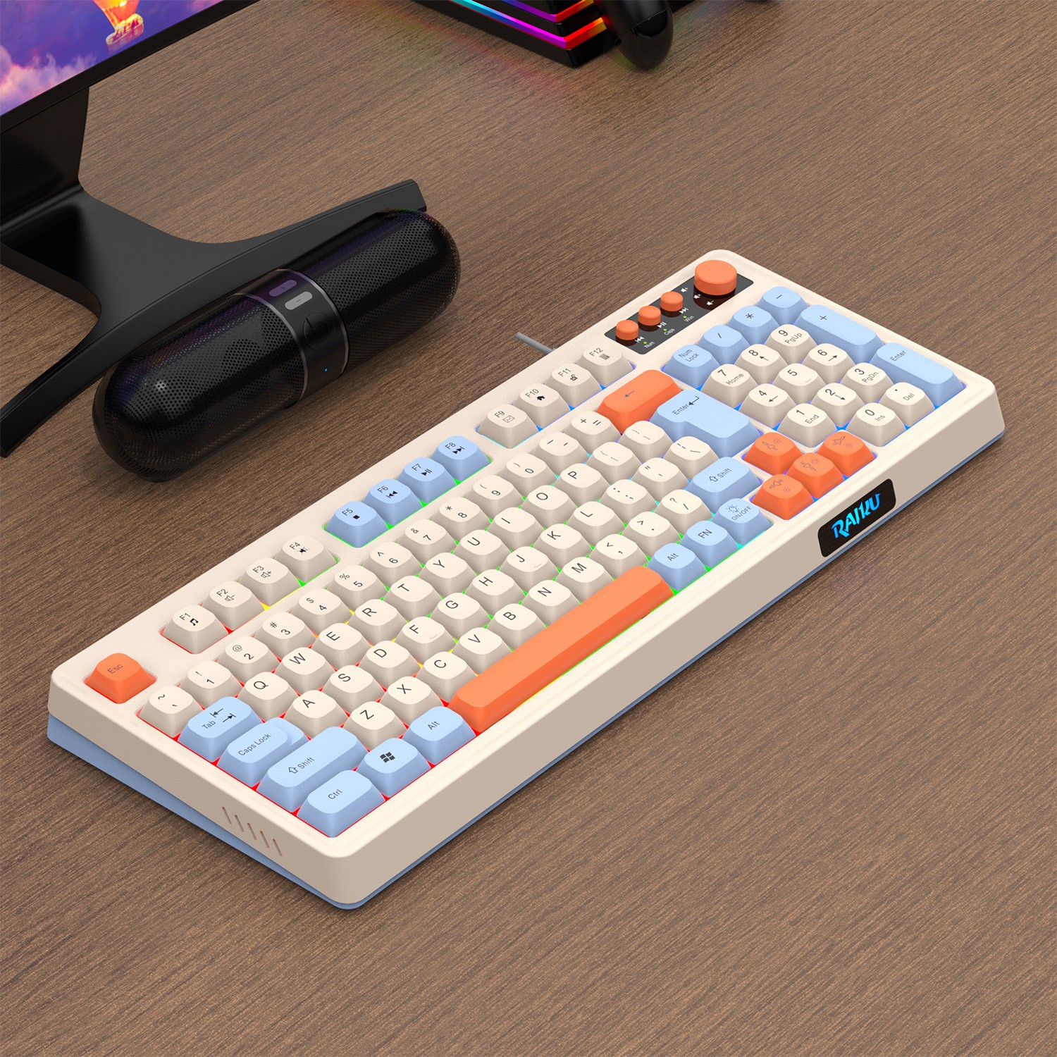 Wired Gaming Keyboard Rainbow RGB LED Backlit 98 Key PC Desktop with Volume Knob