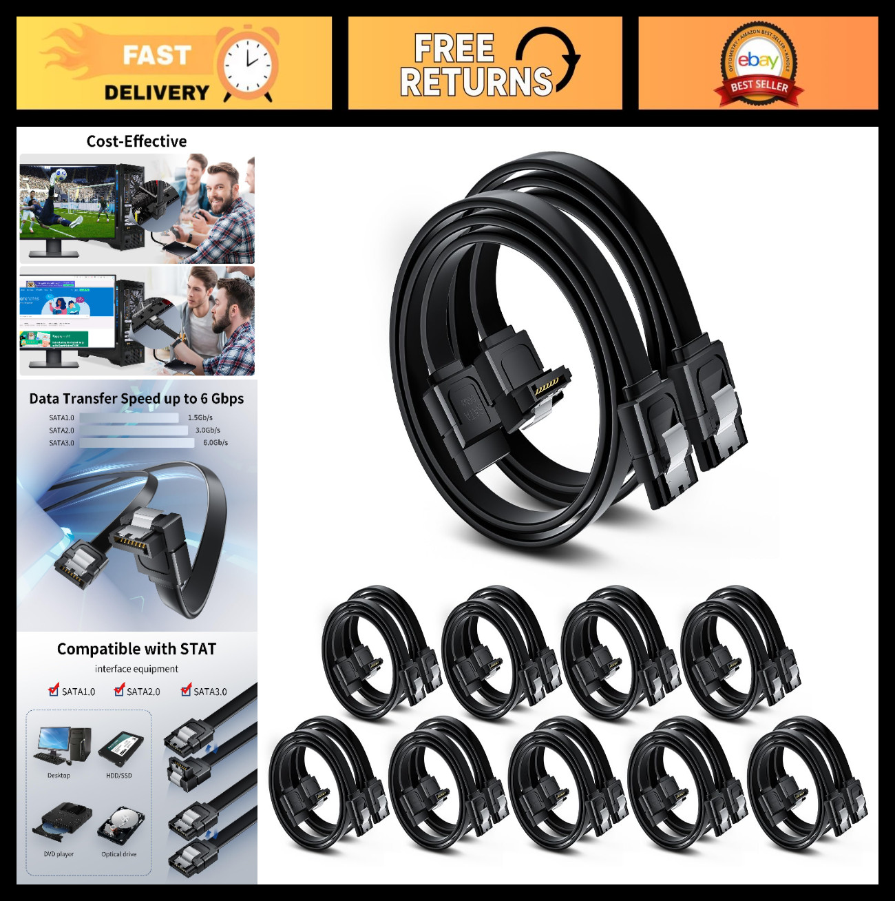 SATA III Cable 10-Pack - Right Angle & Straight, 6Gbps Tangle-Free, Locking Latc